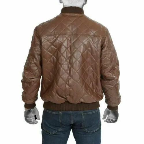 Men's Leather Varsity Jacket | Bomber Leather Quilted Fashion Jacket- Brown