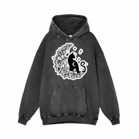 Mystical Cat On The Flower Moon Vintage Washed Hoodie