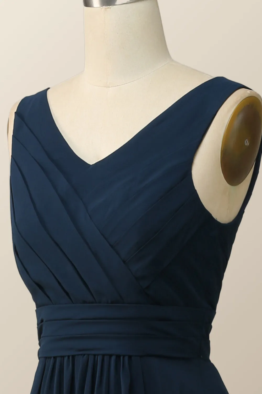 Navy Blue Pleated Chiffon A-line Long Bridesmaid Dress