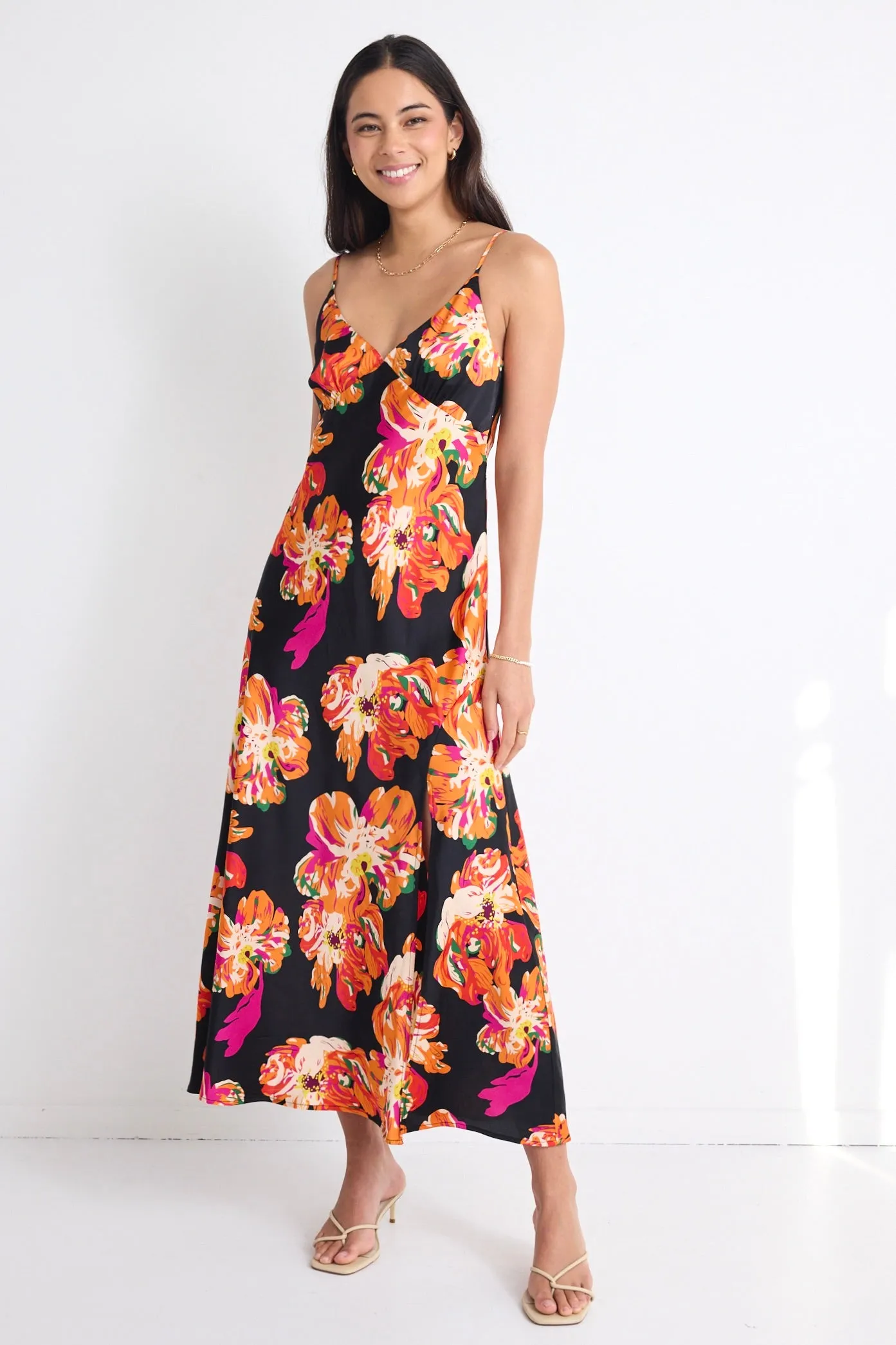 Otherworldly Black Orange Floral Satin Bias Slip Midi Dress