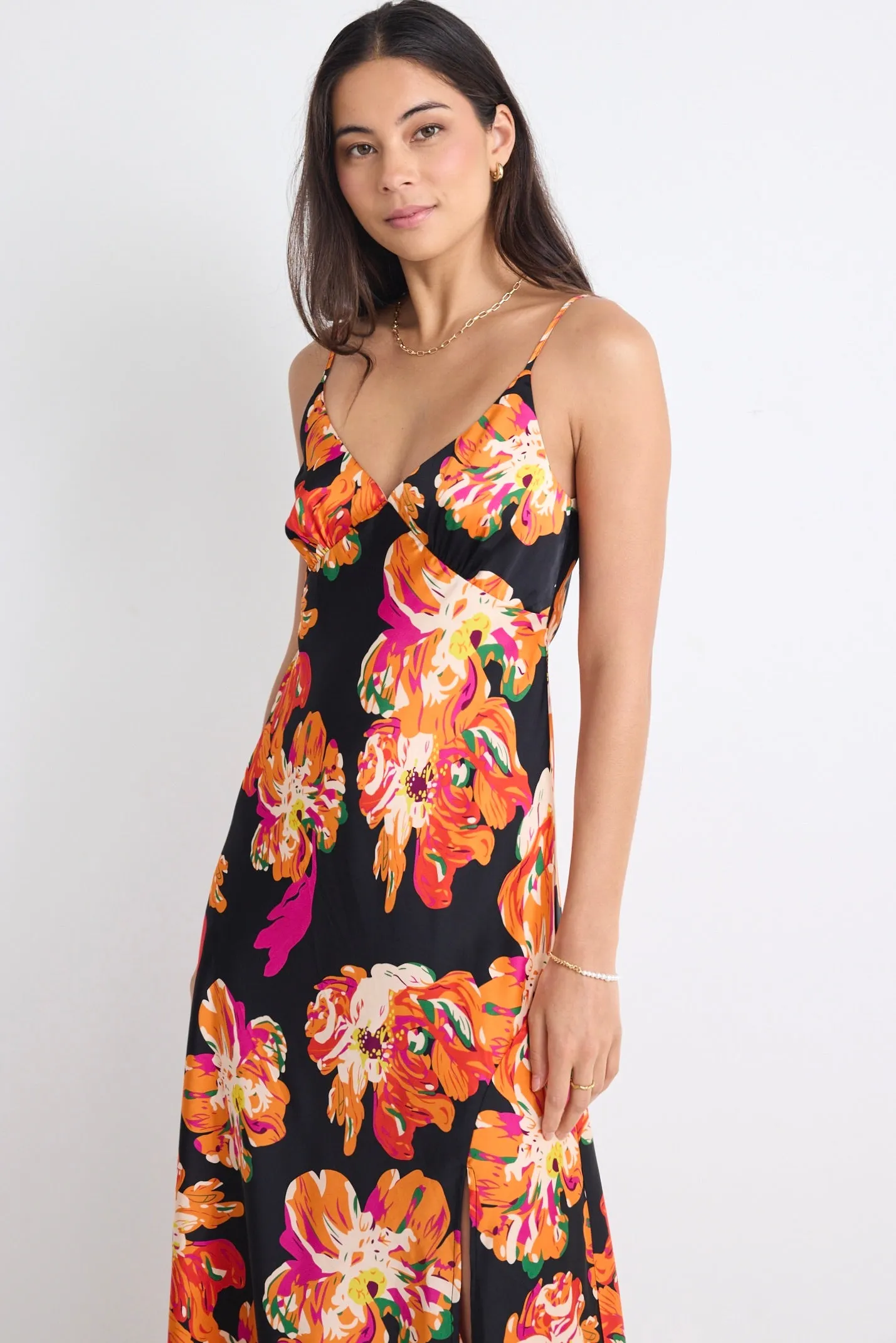 Otherworldly Black Orange Floral Satin Bias Slip Midi Dress