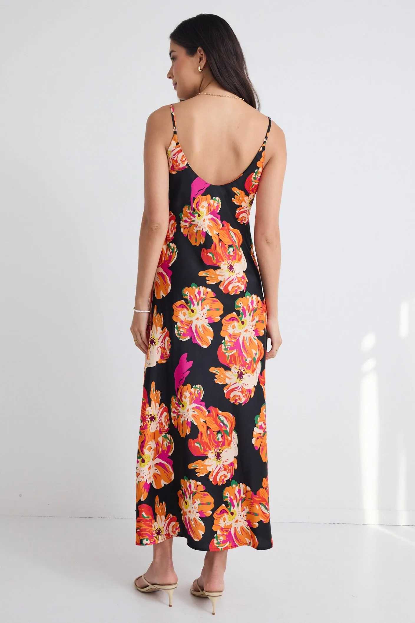 Otherworldly Black Orange Floral Satin Bias Slip Midi Dress