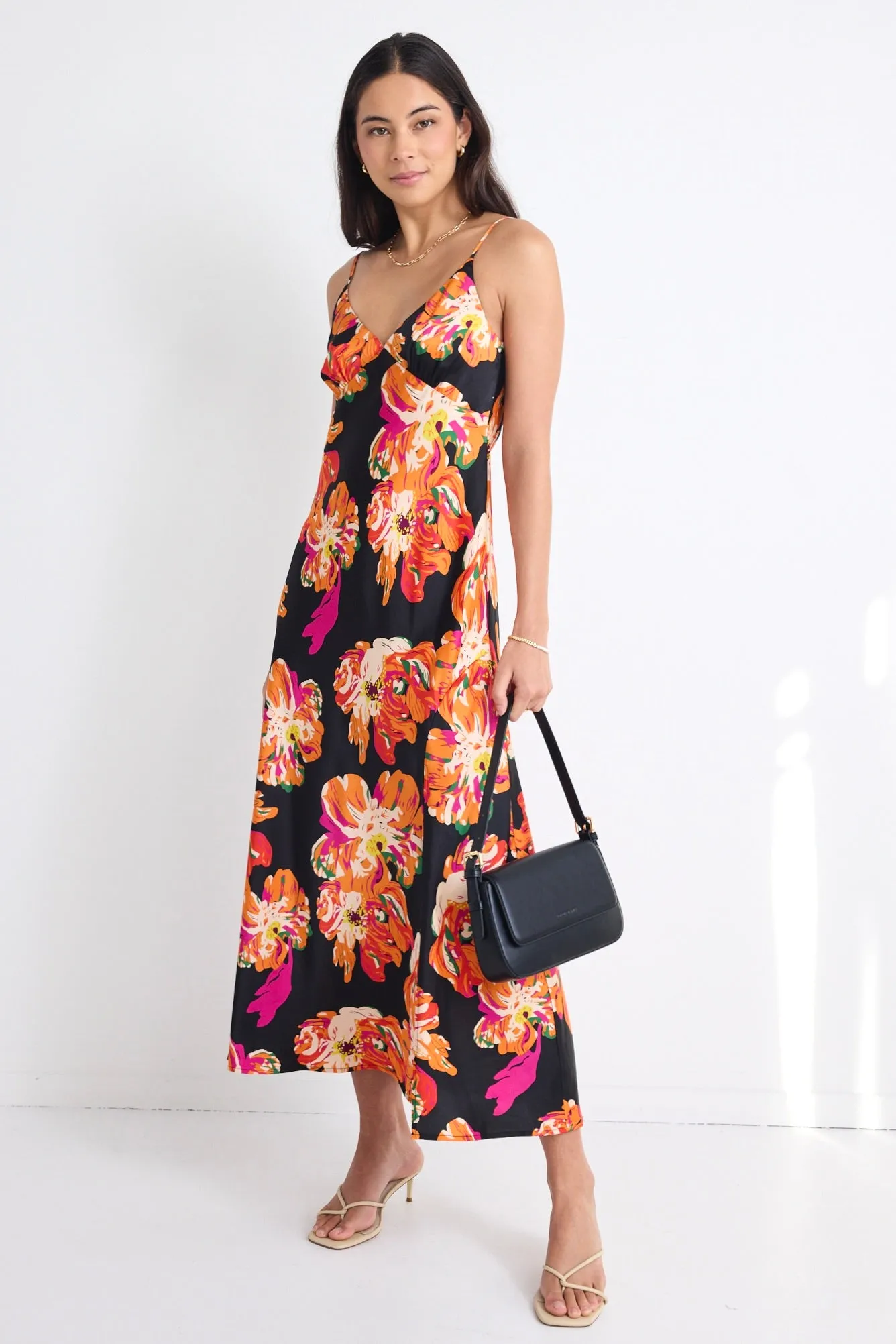 Otherworldly Black Orange Floral Satin Bias Slip Midi Dress