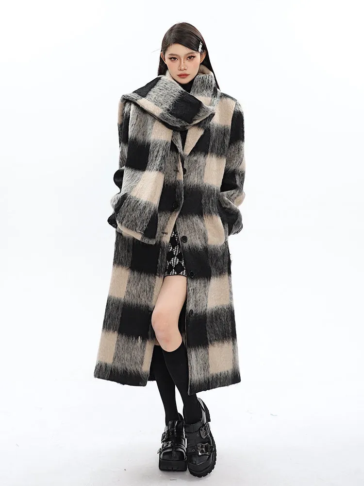 Oversized Fuzzy Checkered Overcoat with Scarf Detail