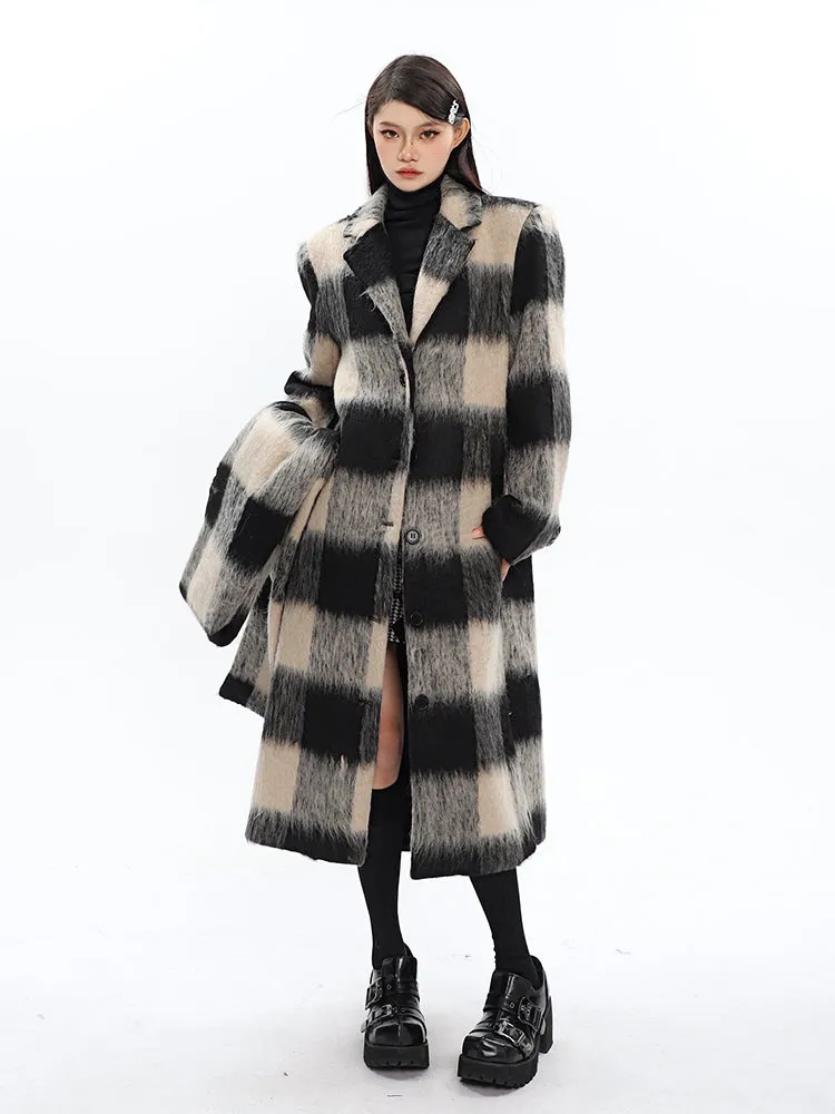 Oversized Fuzzy Checkered Overcoat with Scarf Detail