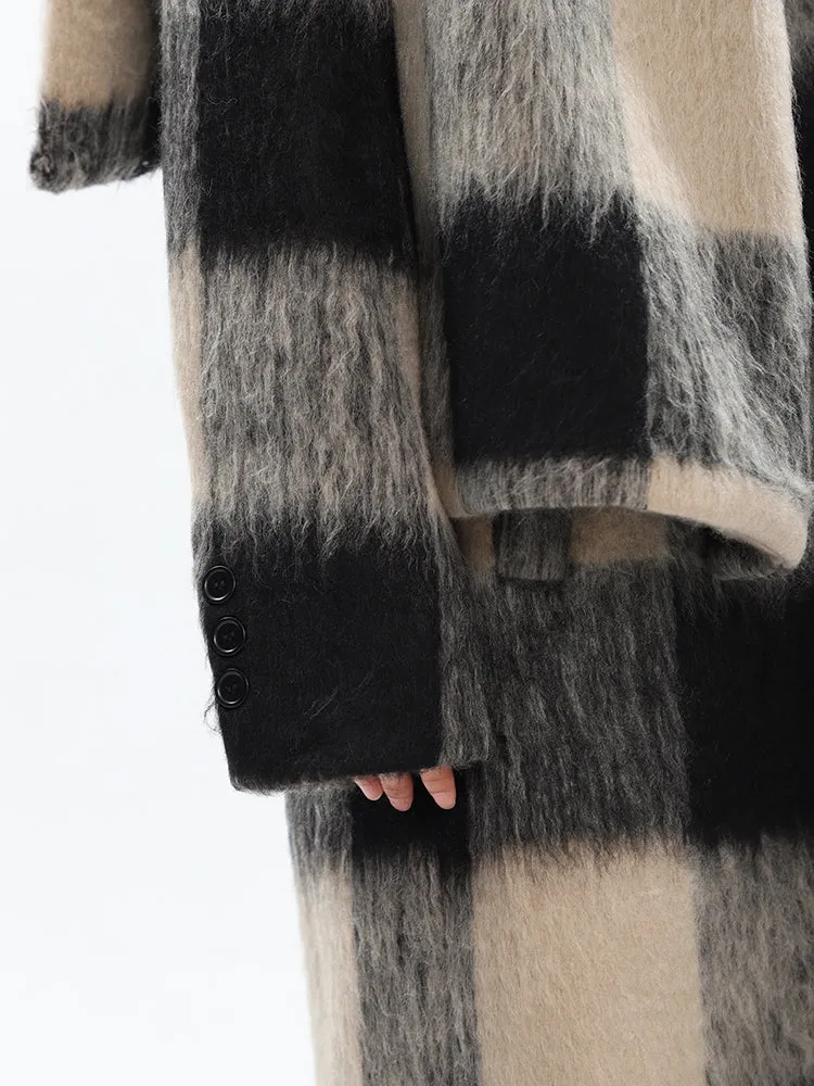 Oversized Fuzzy Checkered Overcoat with Scarf Detail