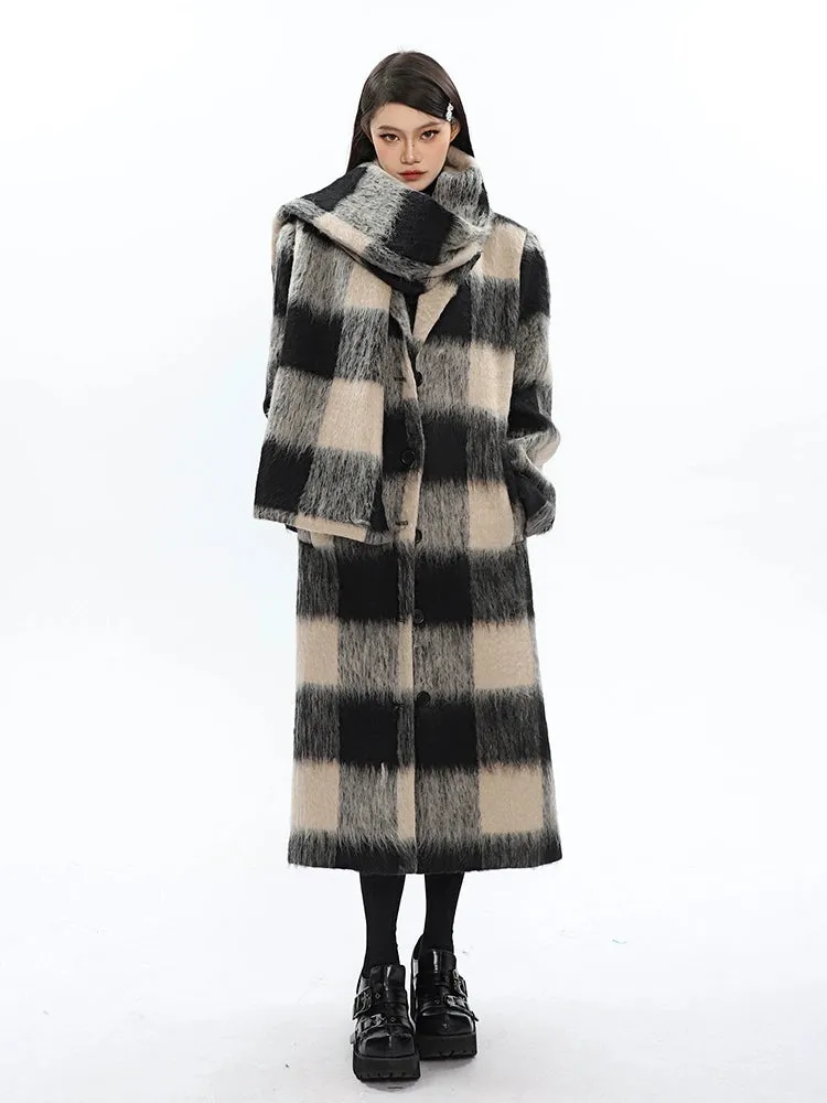 Oversized Fuzzy Checkered Overcoat with Scarf Detail