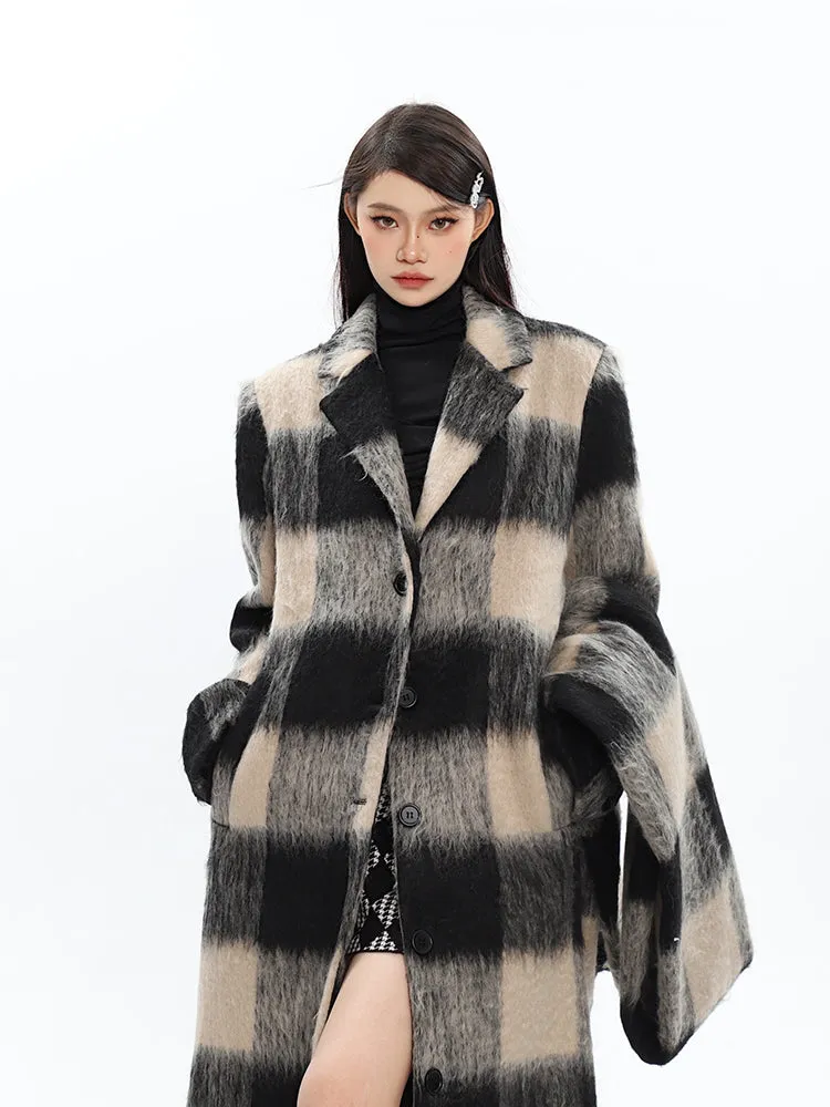 Oversized Fuzzy Checkered Overcoat with Scarf Detail