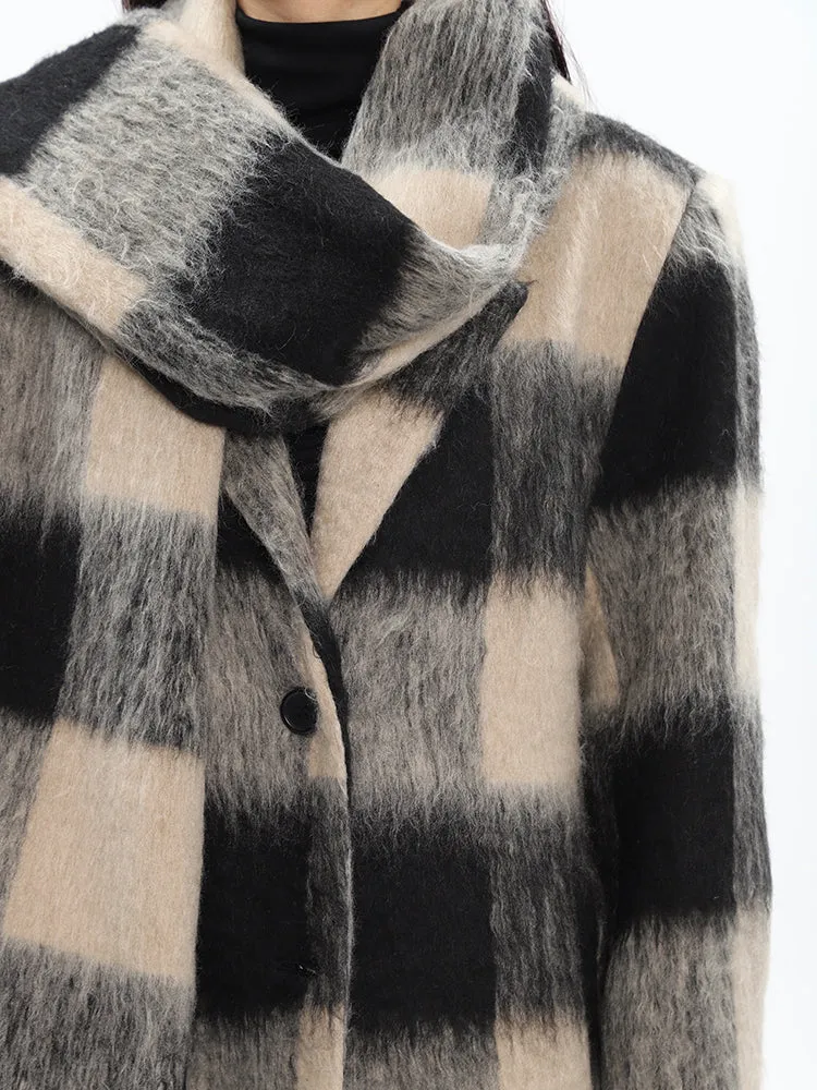 Oversized Fuzzy Checkered Overcoat with Scarf Detail