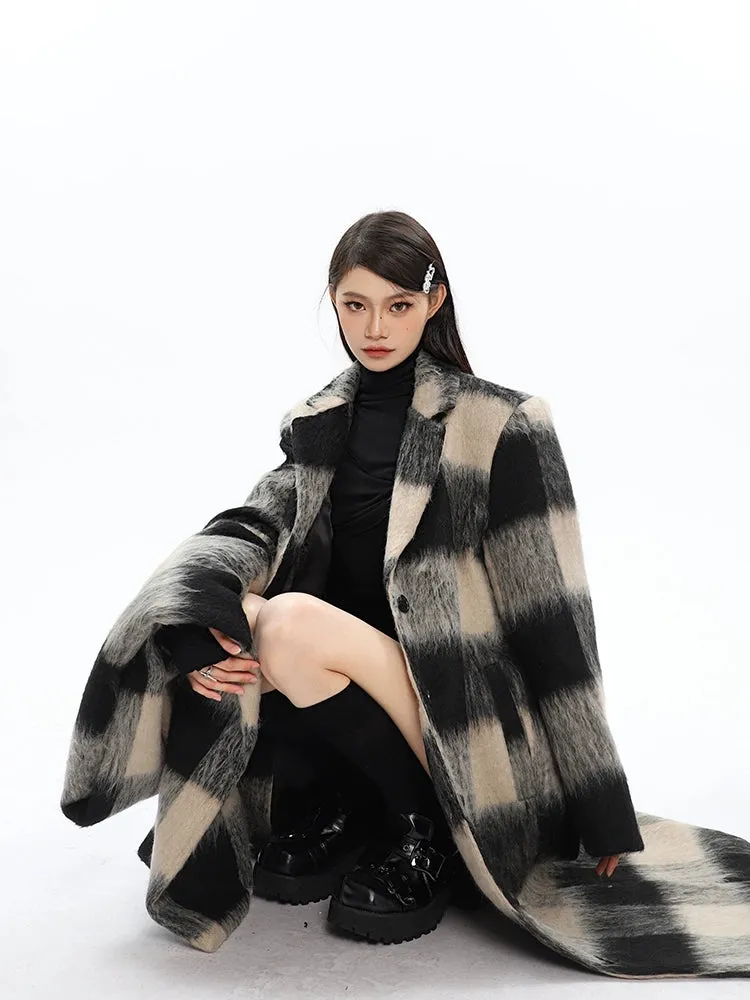 Oversized Fuzzy Checkered Overcoat with Scarf Detail