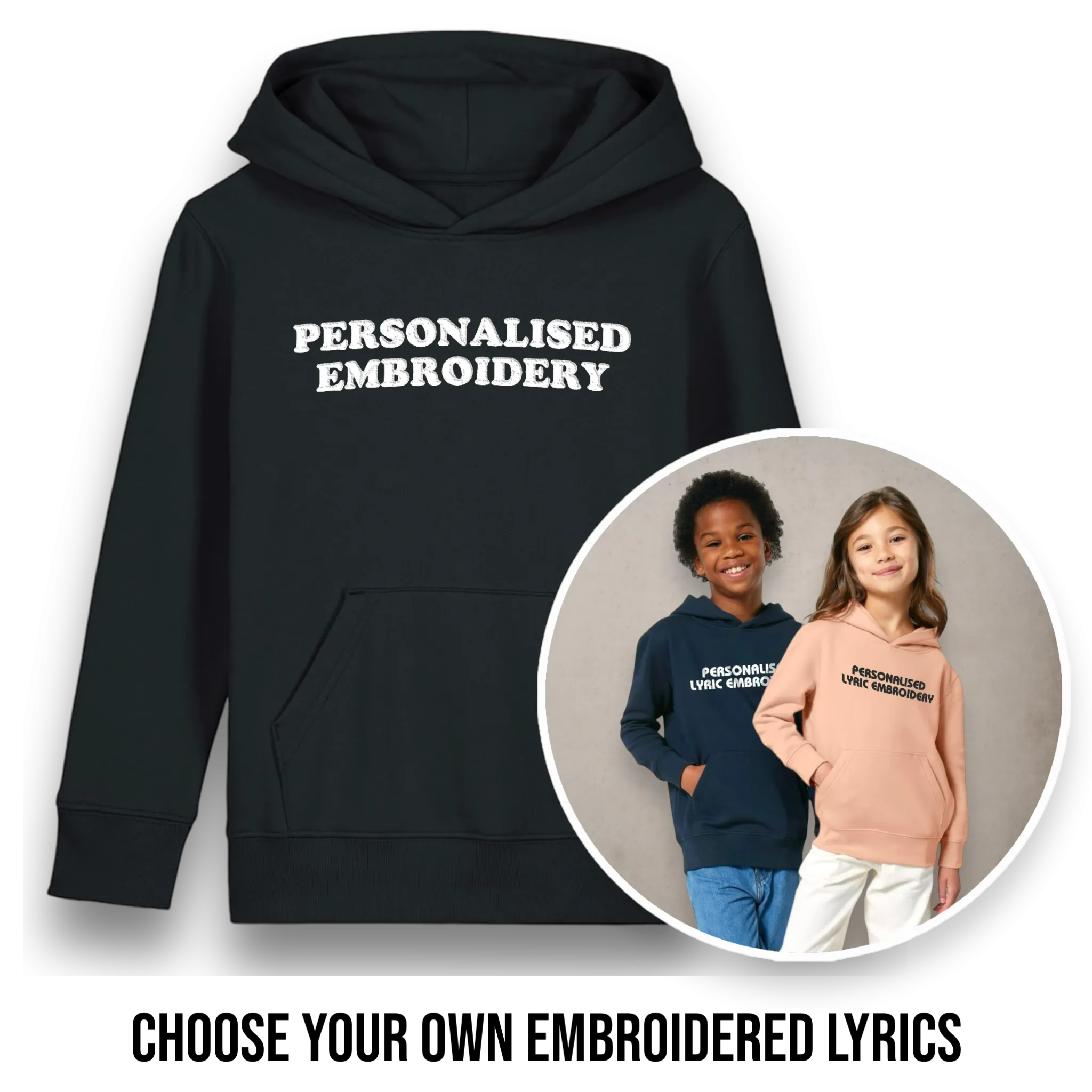 Personalised Lyric Centre Chest Embroidered premium organic iconic kids 'Mini Drummer' hoodie - choose your own lyrics, font and thread colour