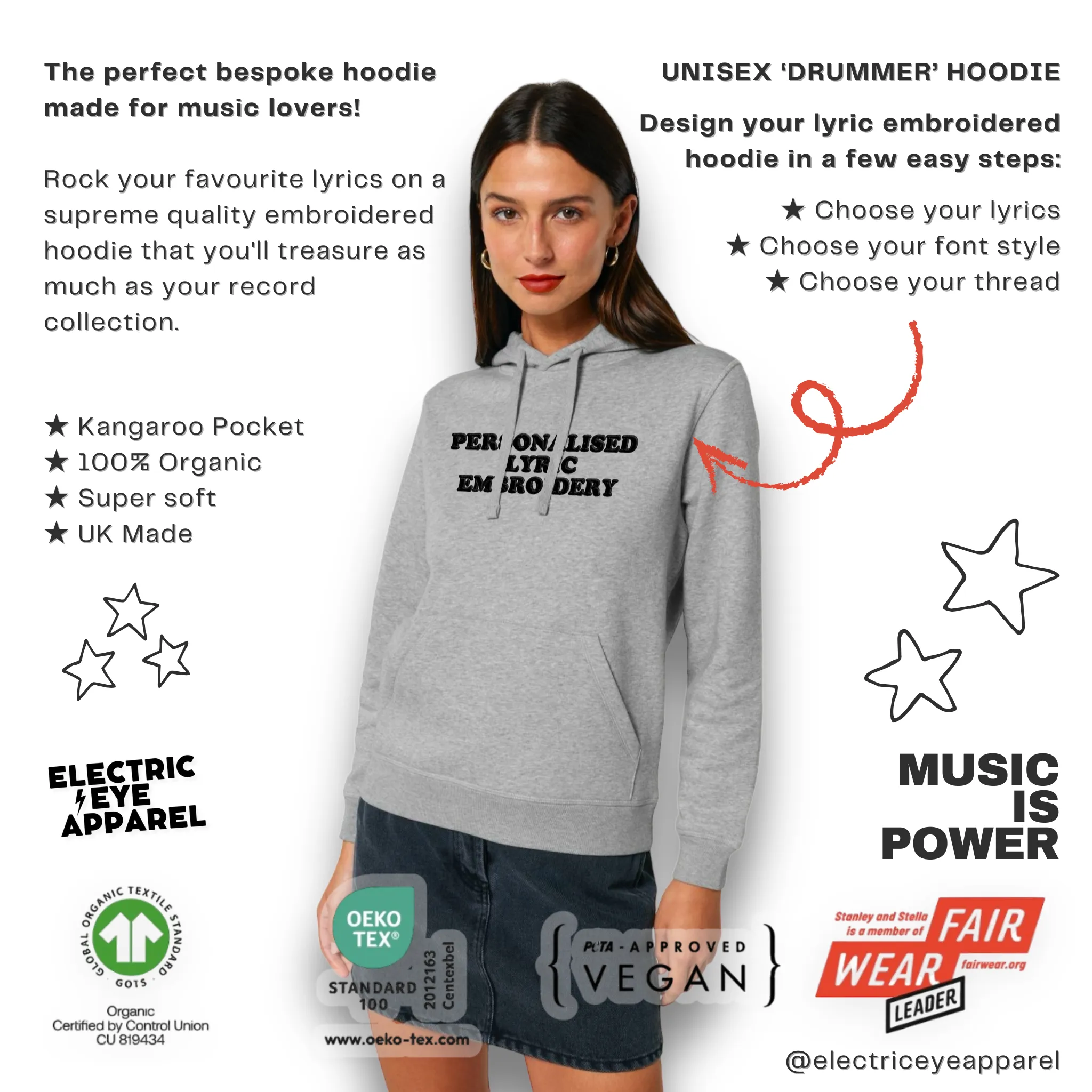 Personalised Lyric Centre Chest Embroidered premium organic unisex iconic 'Drummer' hoodie - choose your own lyrics, font and thread colour