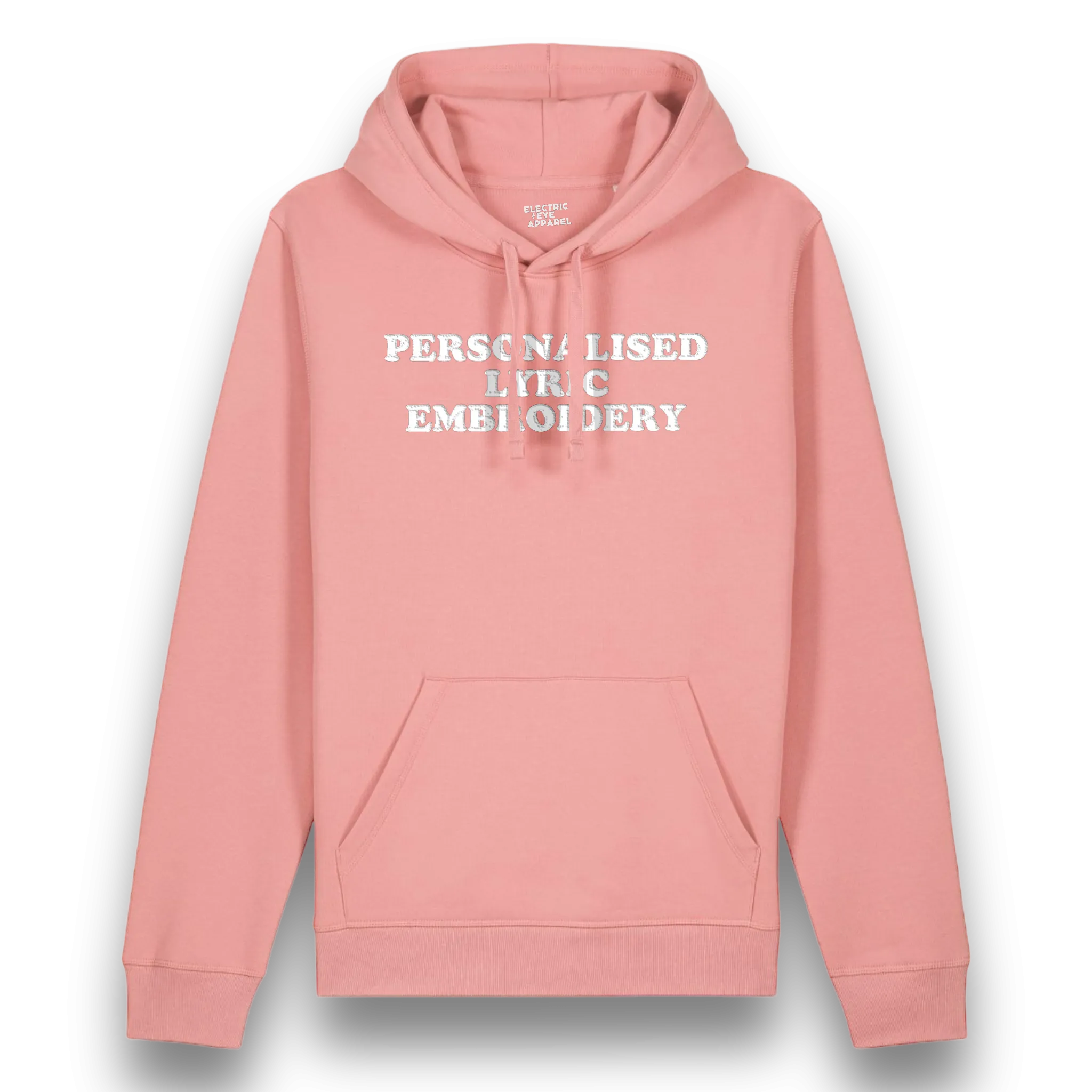 Personalised Lyric Centre Chest Embroidered premium organic unisex iconic 'Drummer' hoodie - choose your own lyrics, font and thread colour