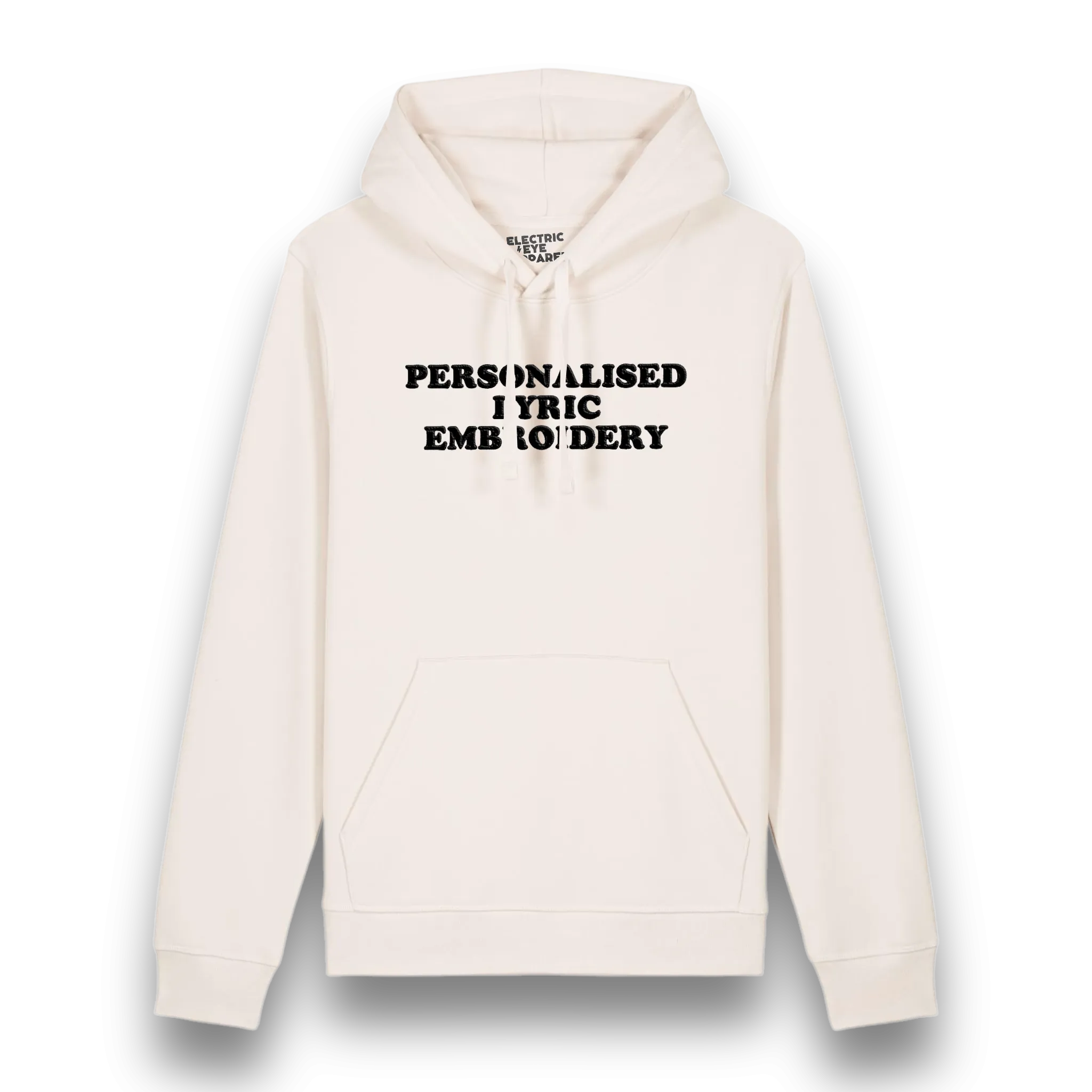 Personalised Lyric Centre Chest Embroidered premium organic unisex iconic 'Drummer' hoodie - choose your own lyrics, font and thread colour