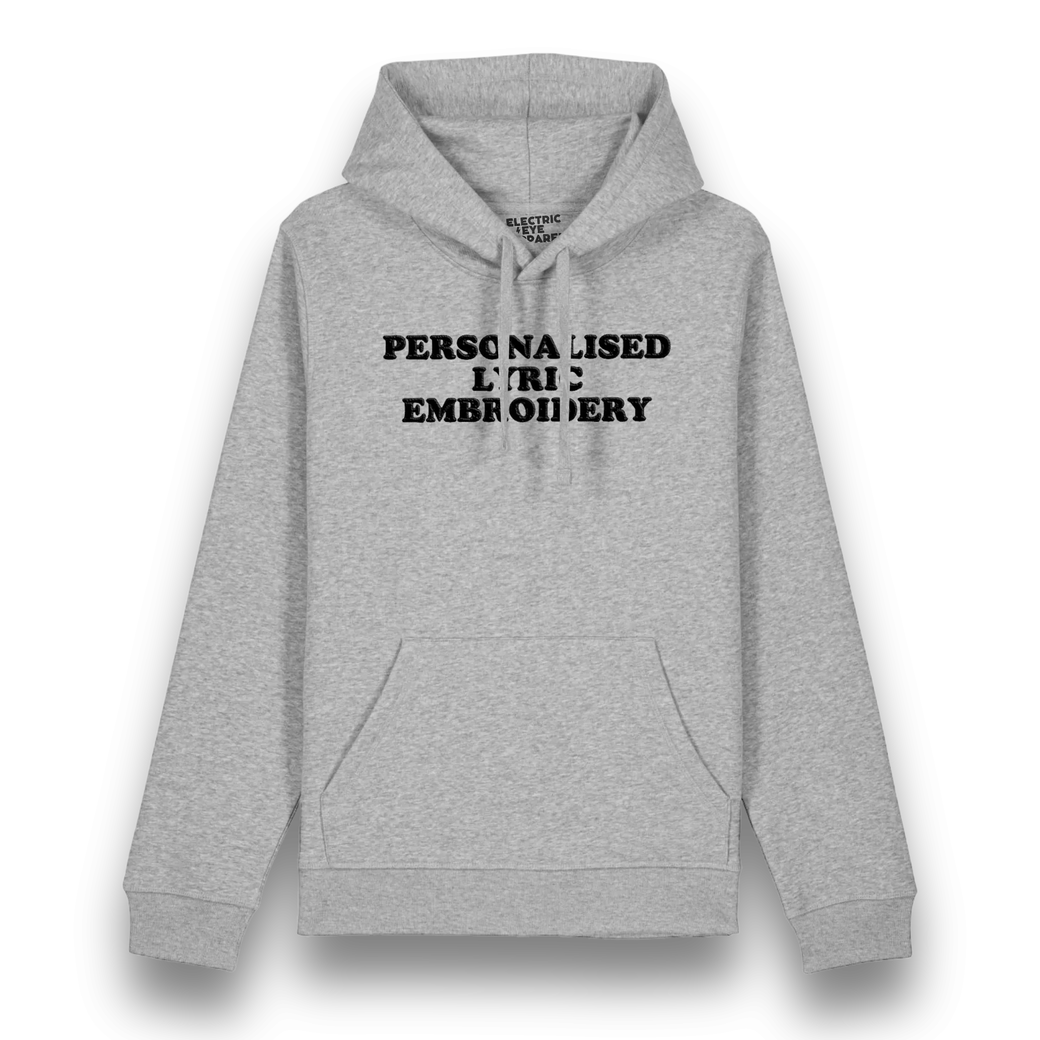 Personalised Lyric Centre Chest Embroidered premium organic unisex iconic 'Drummer' hoodie - choose your own lyrics, font and thread colour