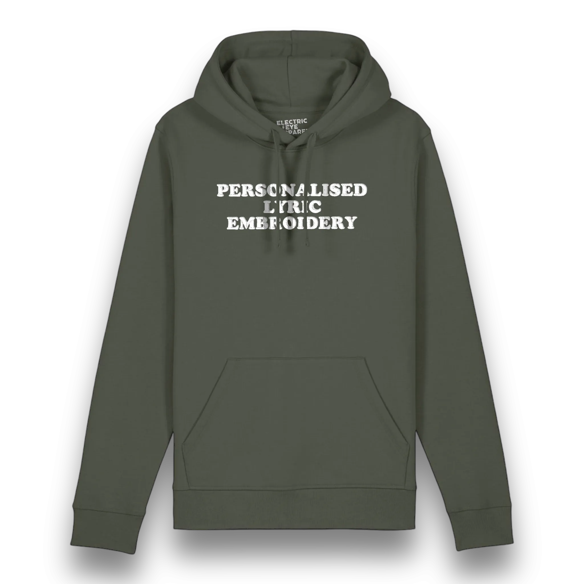 Personalised Lyric Centre Chest Embroidered premium organic unisex iconic 'Drummer' hoodie - choose your own lyrics, font and thread colour