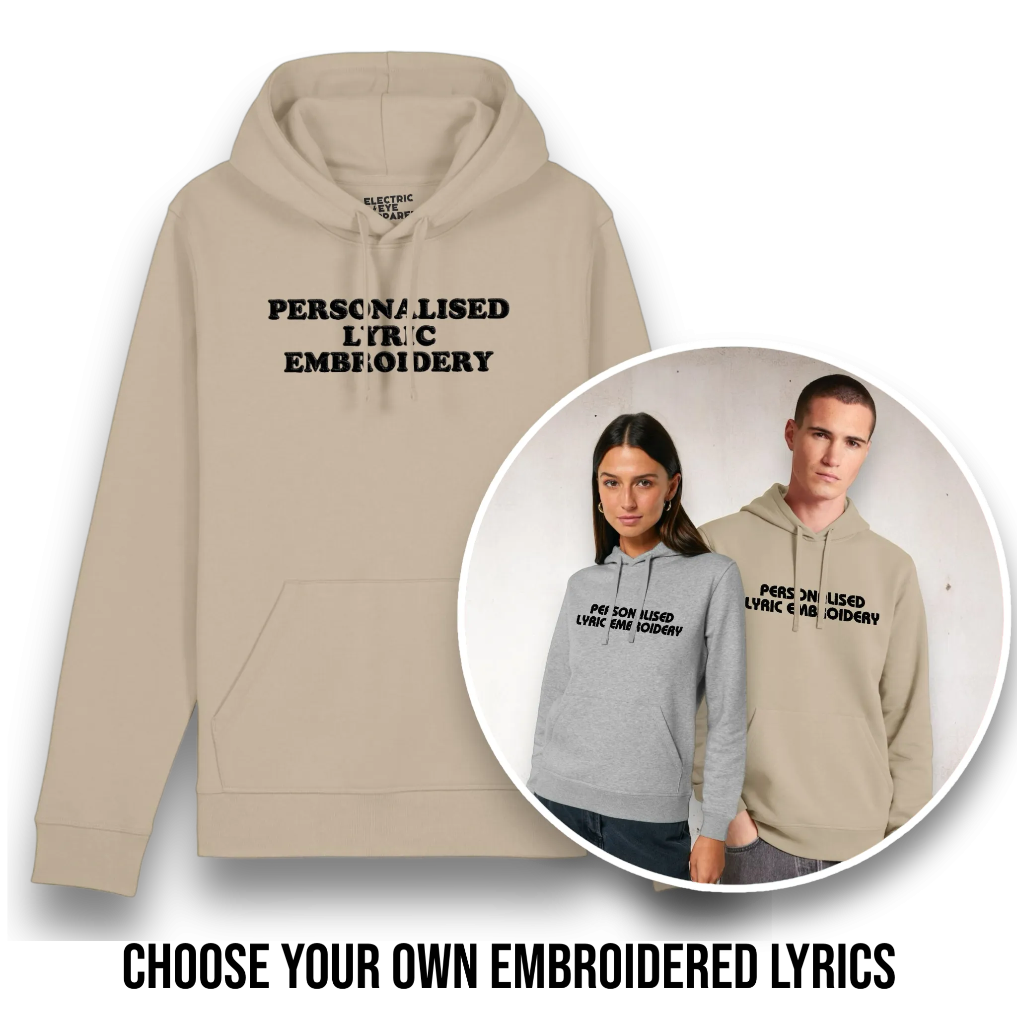 Personalised Lyric Centre Chest Embroidered premium organic unisex iconic 'Drummer' hoodie - choose your own lyrics, font and thread colour