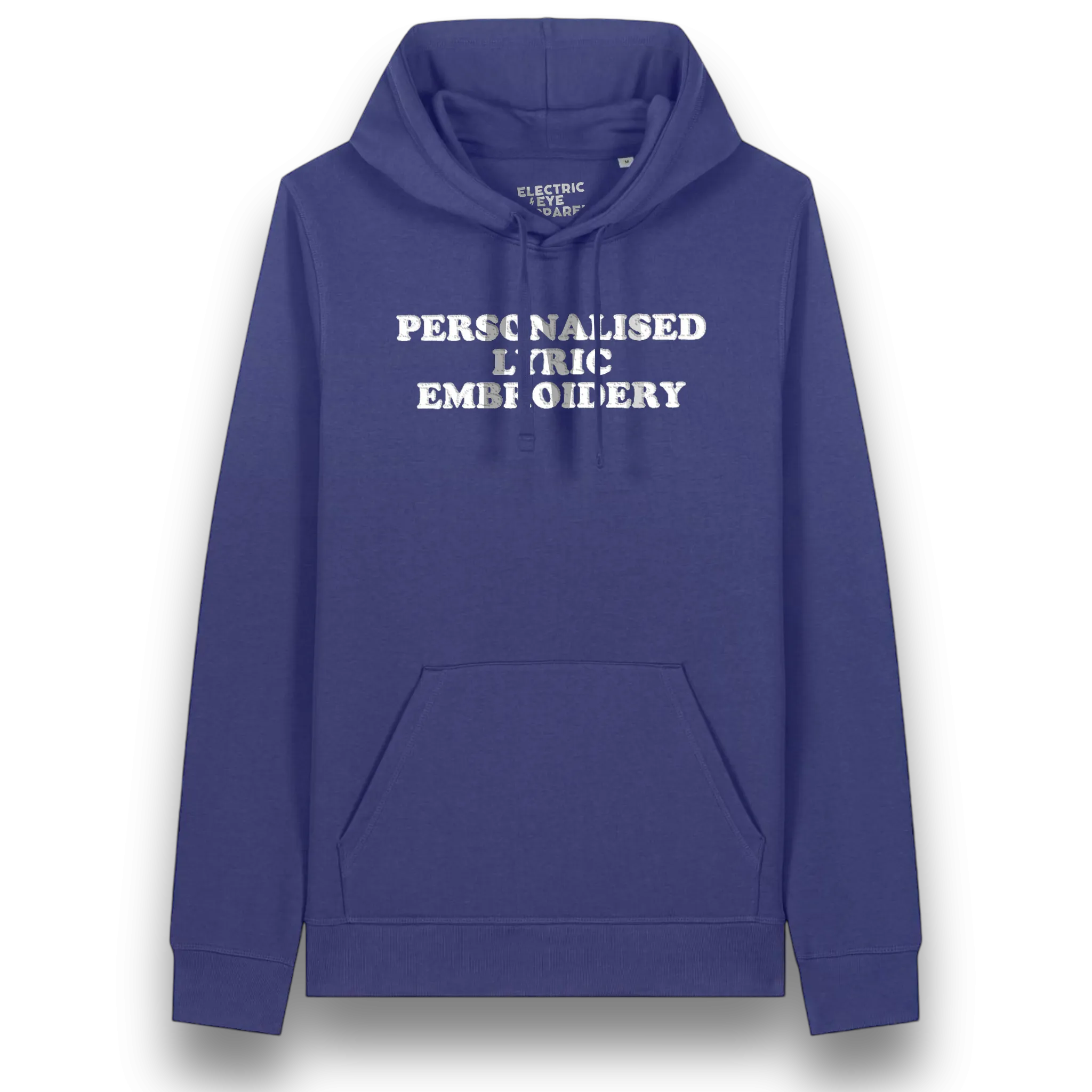 Personalised Lyric Centre Chest Embroidered premium organic unisex iconic 'Drummer' hoodie - choose your own lyrics, font and thread colour