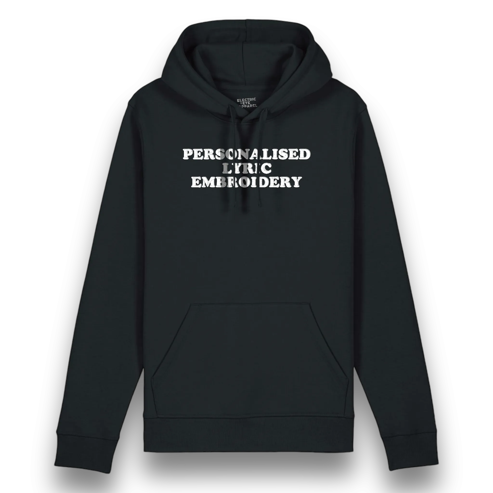 Personalised Lyric Centre Chest Embroidered premium organic unisex iconic 'Drummer' hoodie - choose your own lyrics, font and thread colour