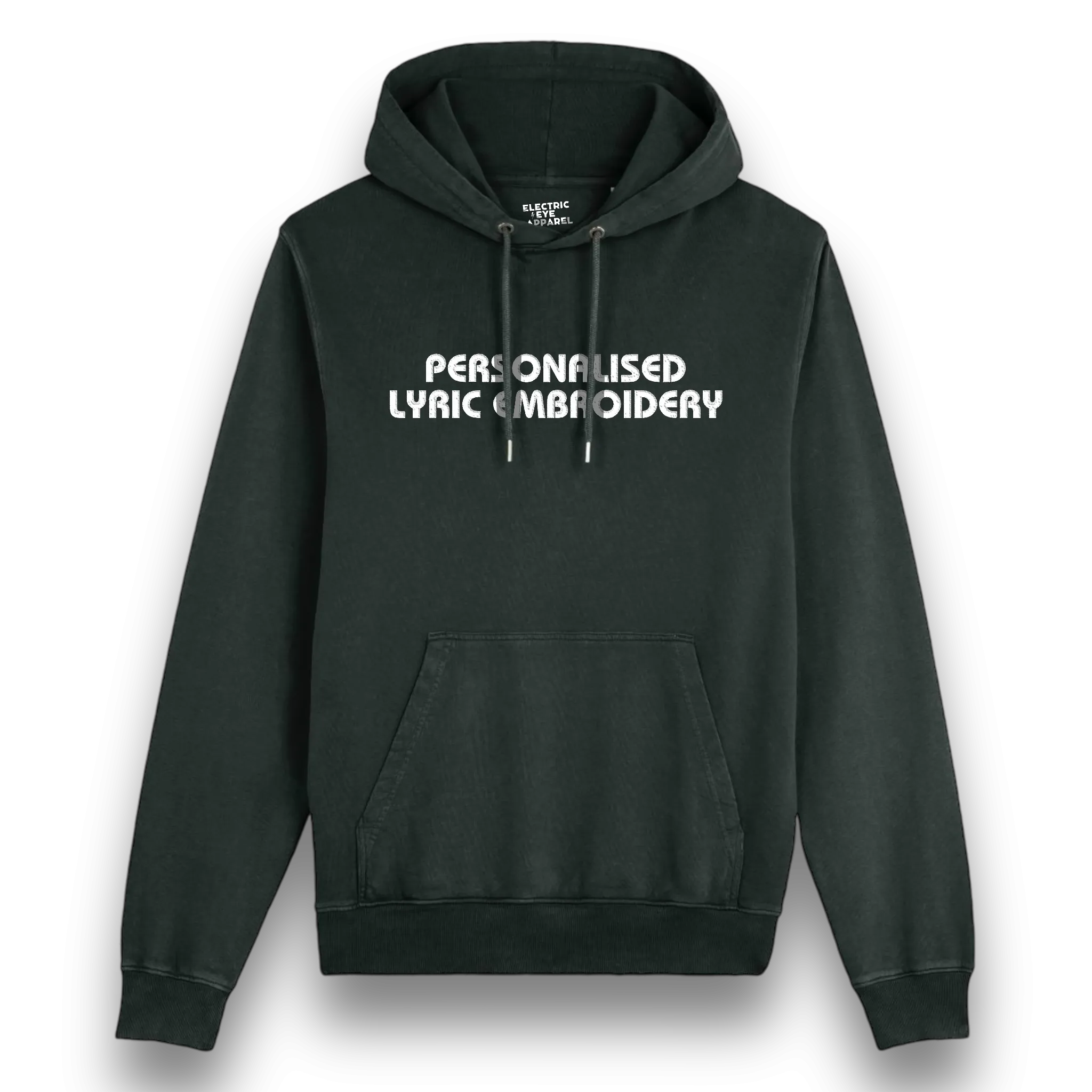 Personalised Lyric Centre Chest Embroidered premium organic unisex vintage aged 'Archer' hoodie - choose your own lyrics, font and thread colour