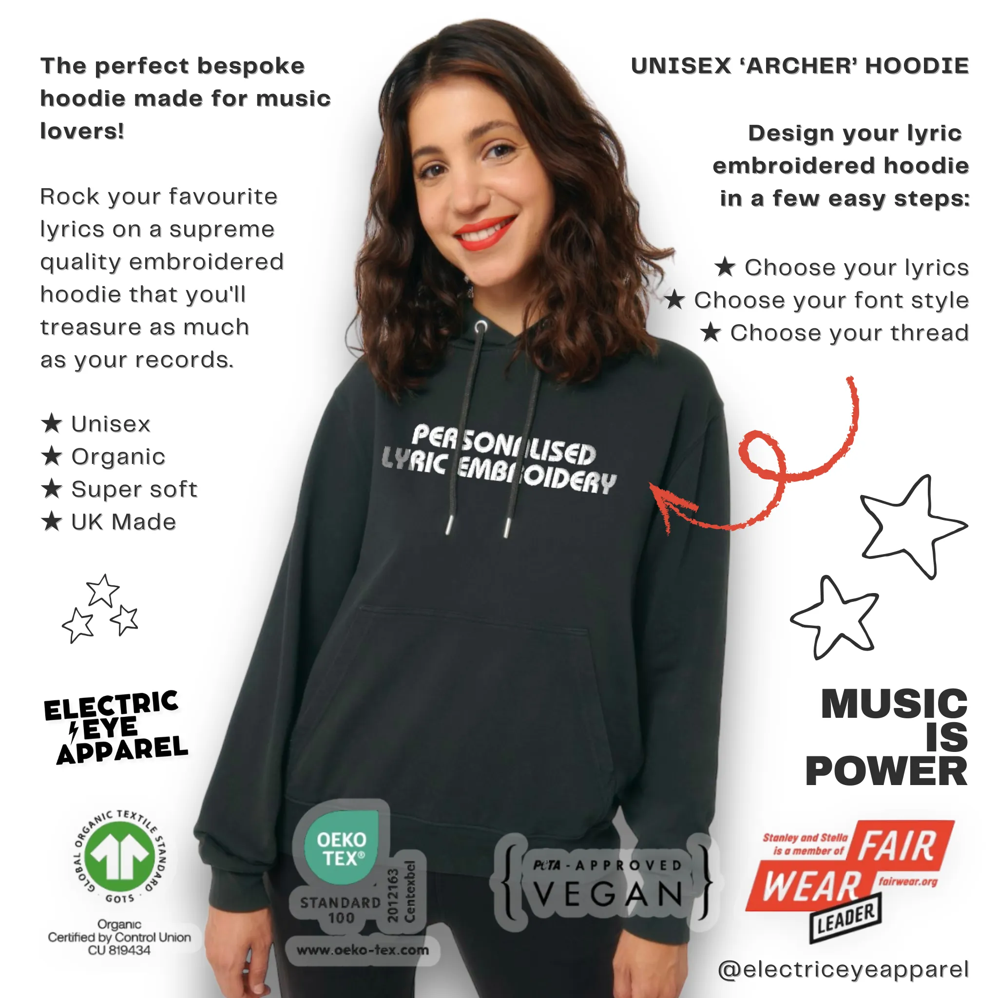 Personalised Lyric Centre Chest Embroidered premium organic unisex vintage aged 'Archer' hoodie - choose your own lyrics, font and thread colour