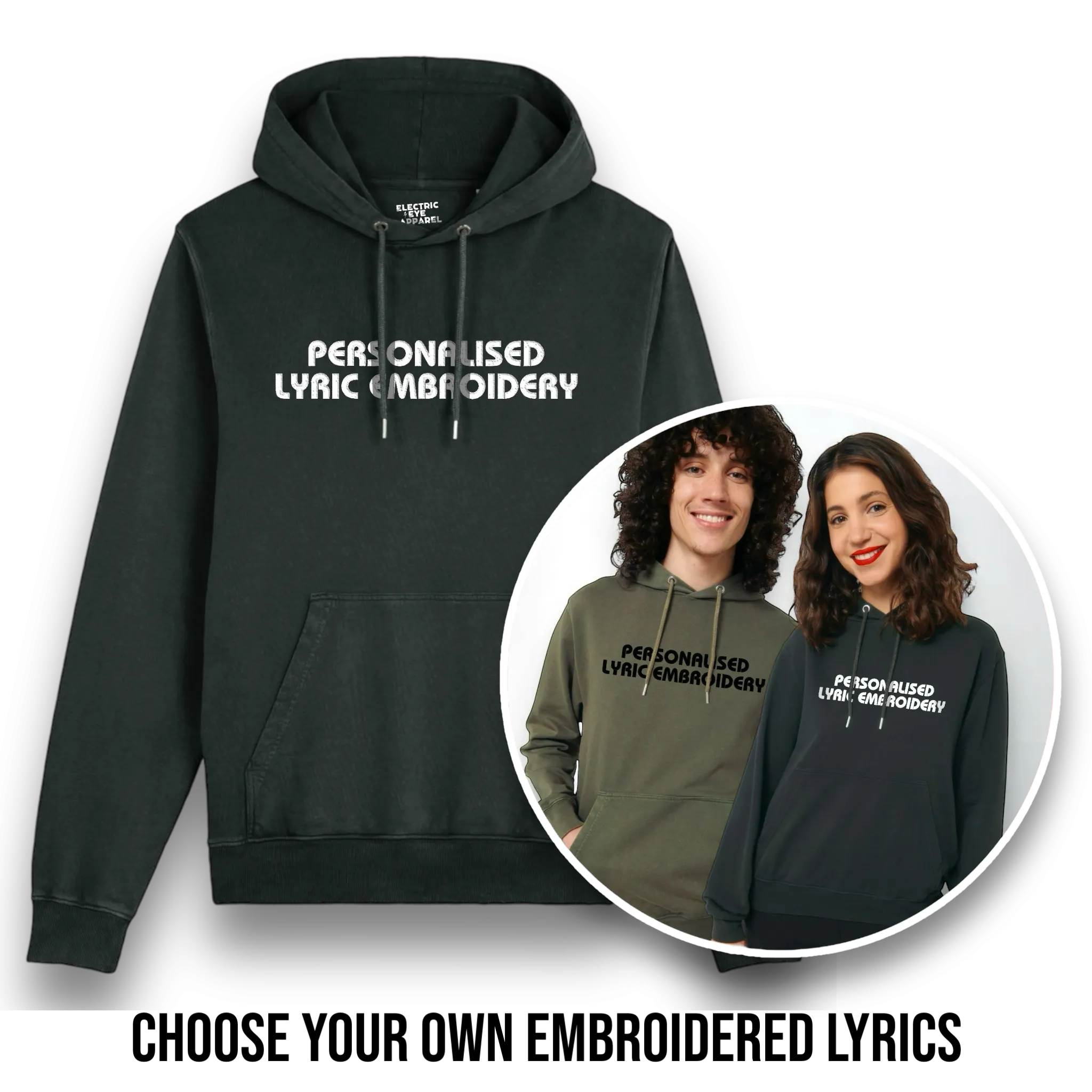 Personalised Lyric Centre Chest Embroidered premium organic unisex vintage aged 'Archer' hoodie - choose your own lyrics, font and thread colour