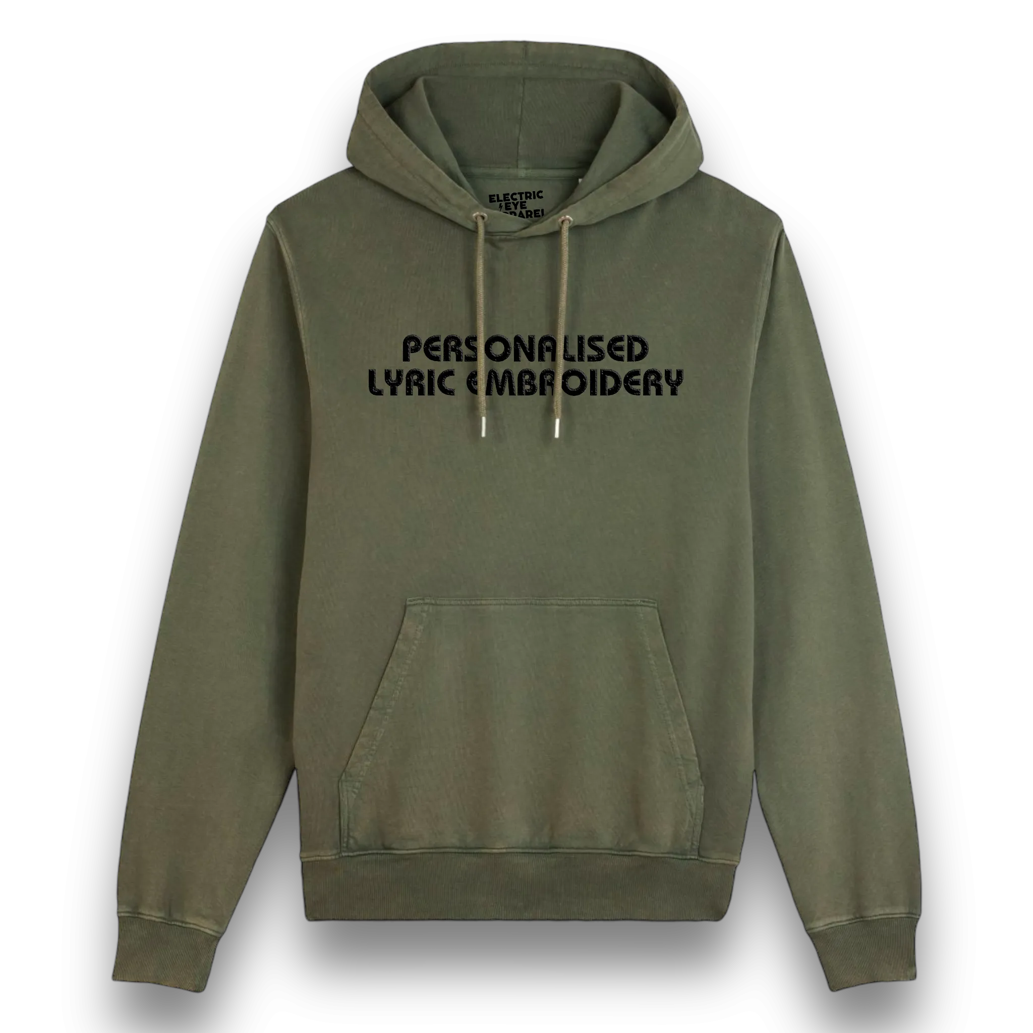 Personalised Lyric Centre Chest Embroidered premium organic unisex vintage aged 'Archer' hoodie - choose your own lyrics, font and thread colour