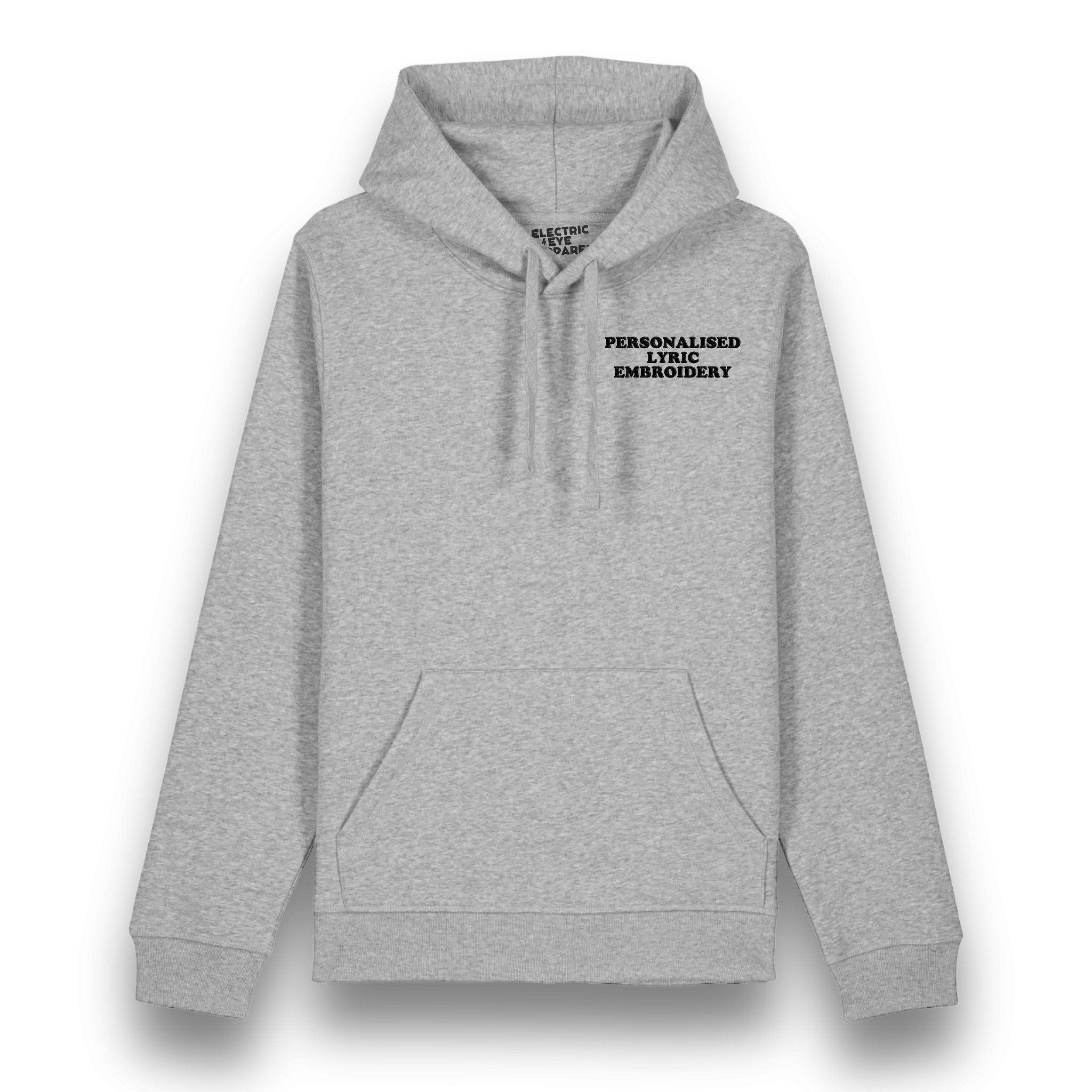 Personalised Lyric Left Chest Embroidered premium organic unisex iconic 'Drummer' hoodie - choose your own lyrics, font and thread colour