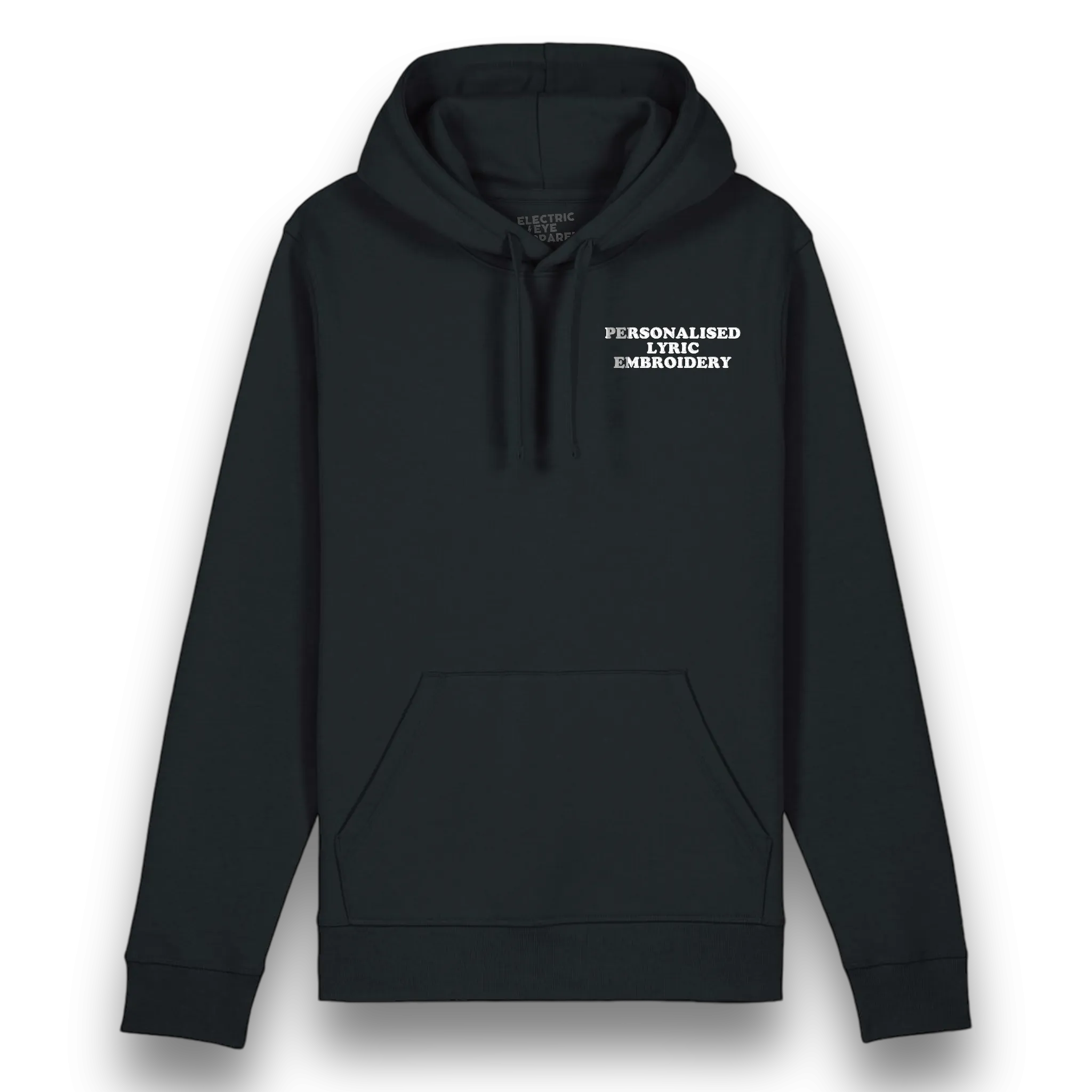 Personalised Lyric Left Chest Embroidered premium organic unisex iconic 'Drummer' hoodie - choose your own lyrics, font and thread colour