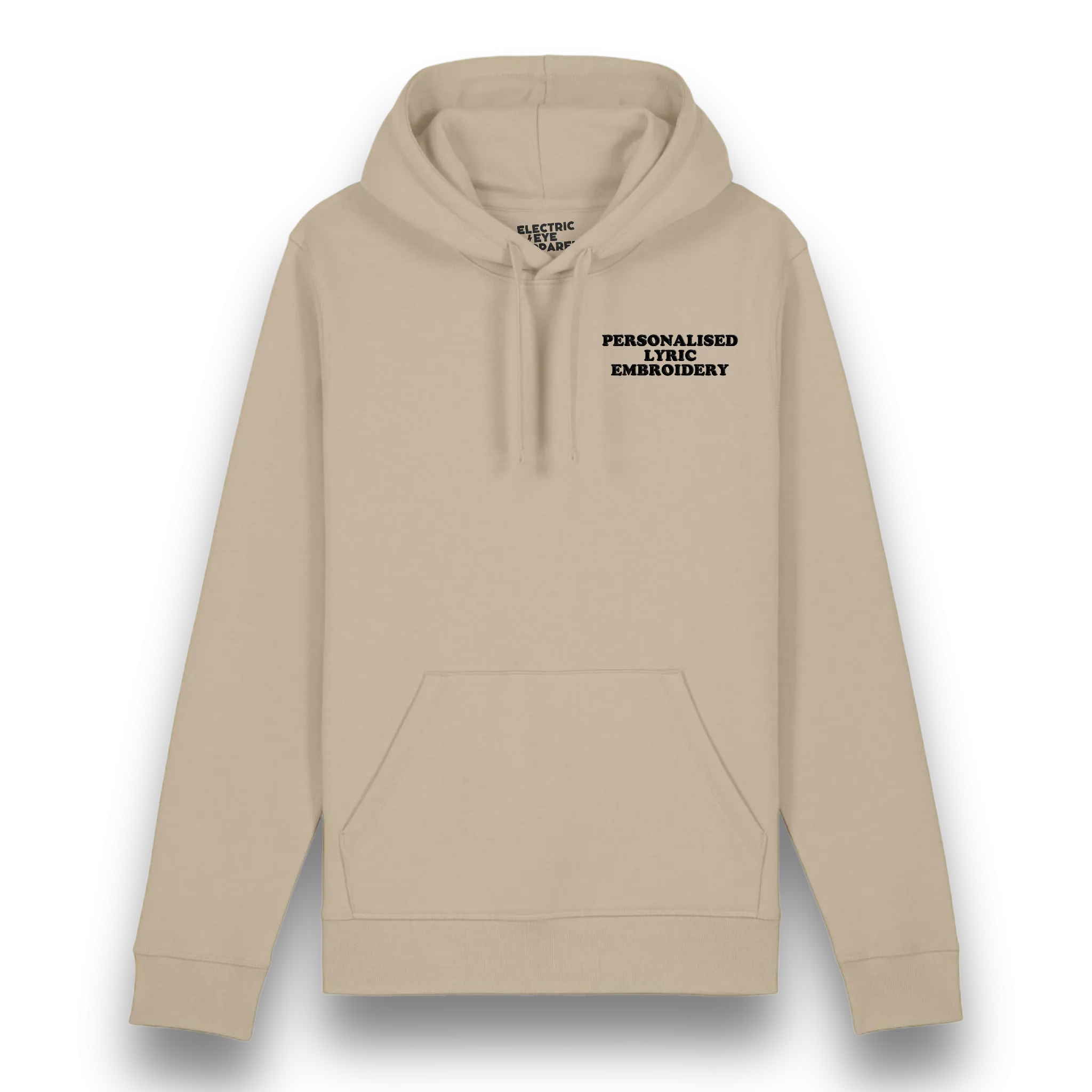 Personalised Lyric Left Chest Embroidered premium organic unisex iconic 'Drummer' hoodie - choose your own lyrics, font and thread colour