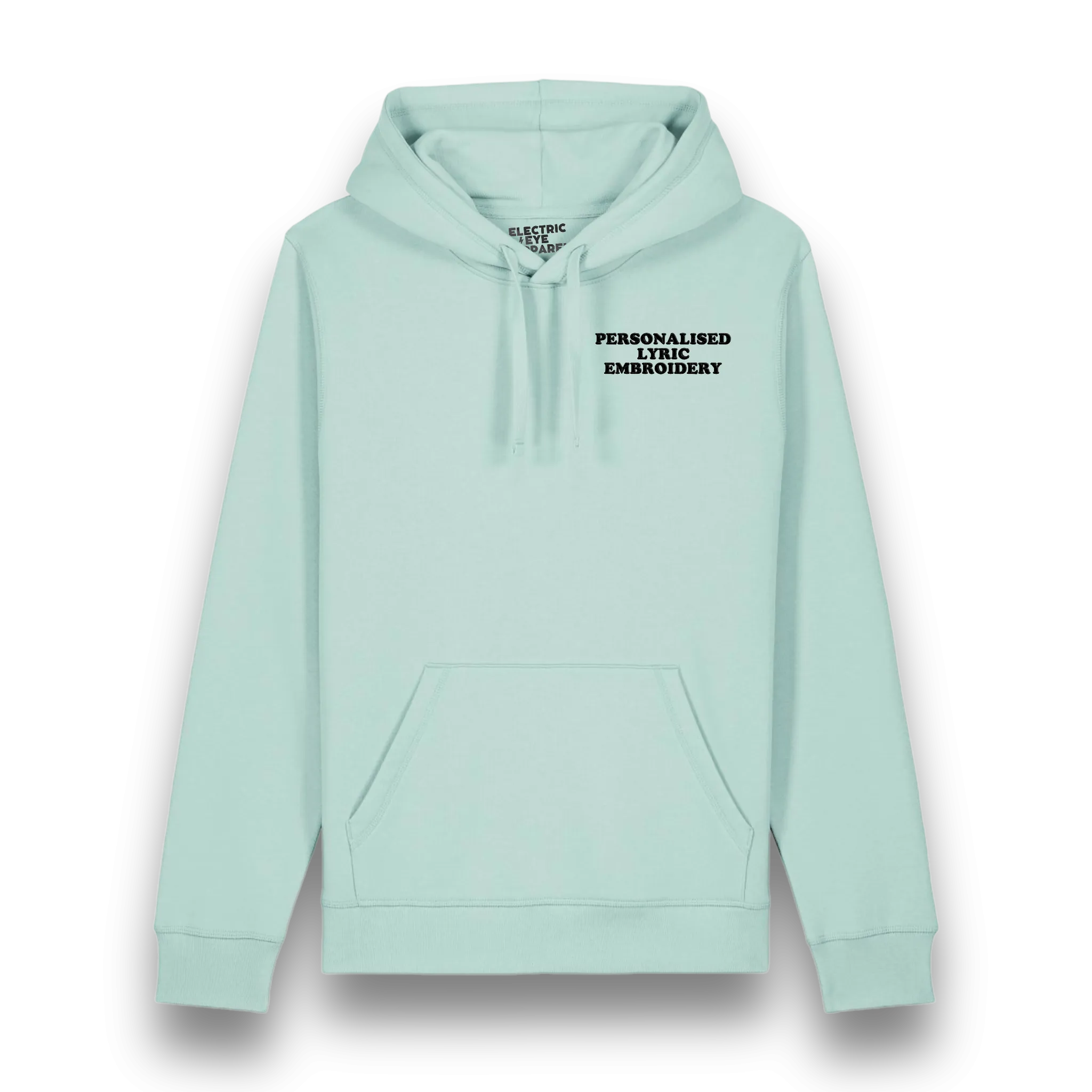 Personalised Lyric Left Chest Embroidered premium organic unisex iconic 'Drummer' hoodie - choose your own lyrics, font and thread colour