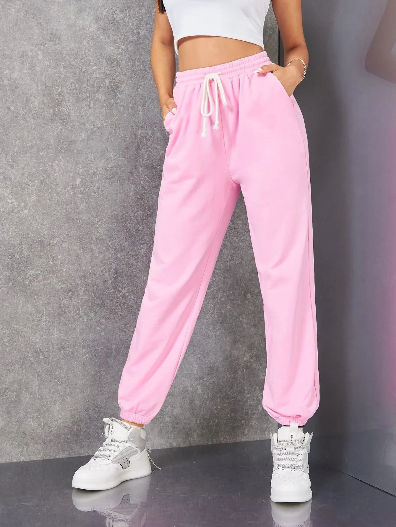 Pink Drawstring High Waist Sweatpants