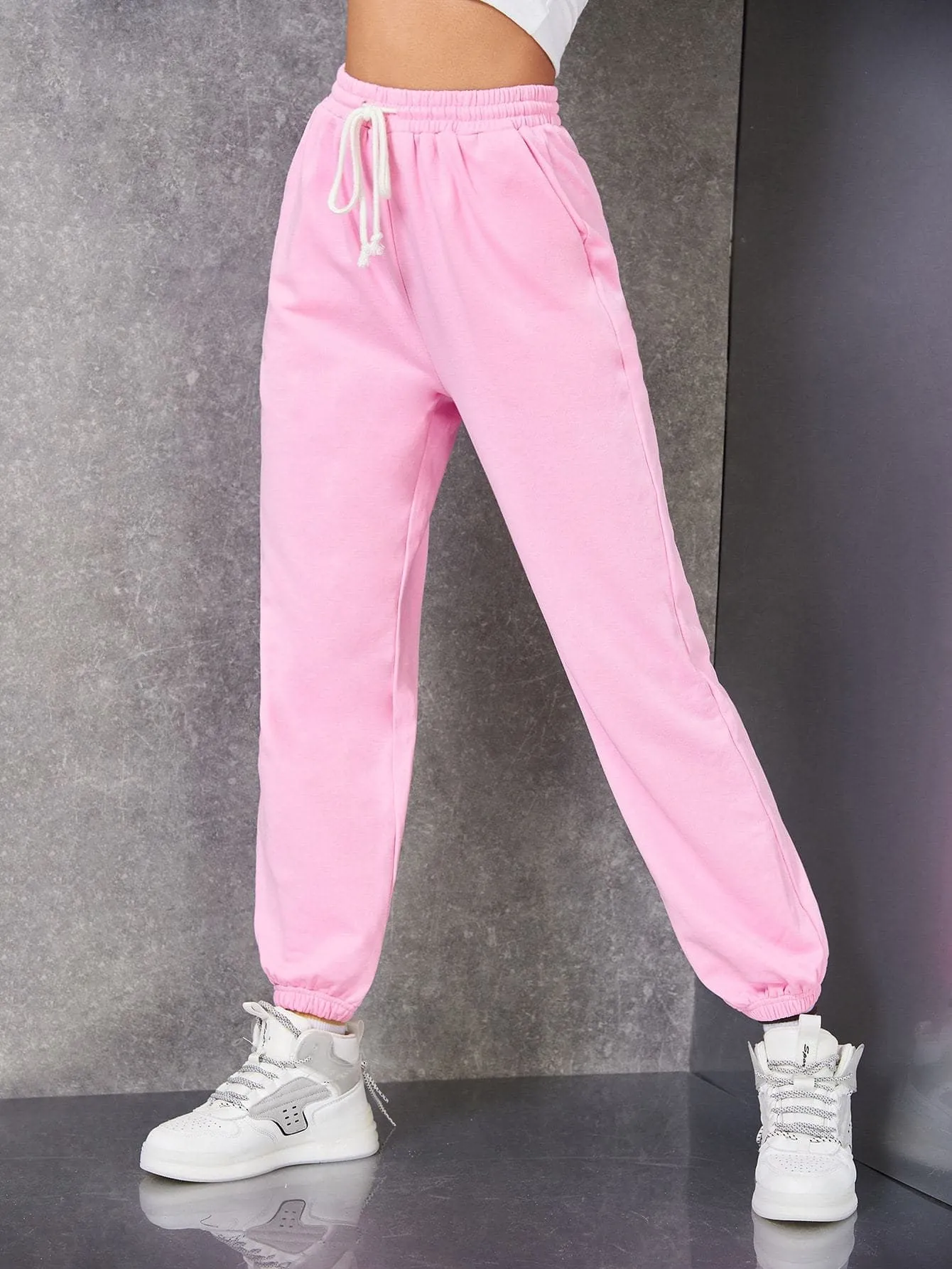 Pink Drawstring High Waist Sweatpants