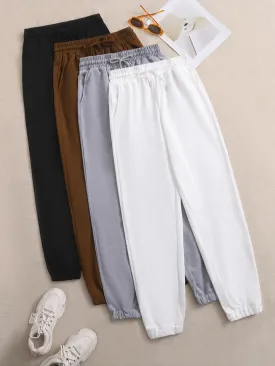 Plain Drawstring Natural Long Women Sweatpants