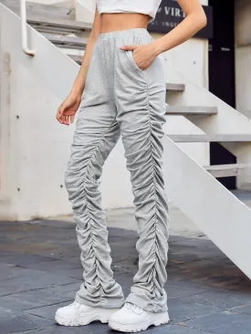 Plain Ruched High Waist Long Womens Sweatpants