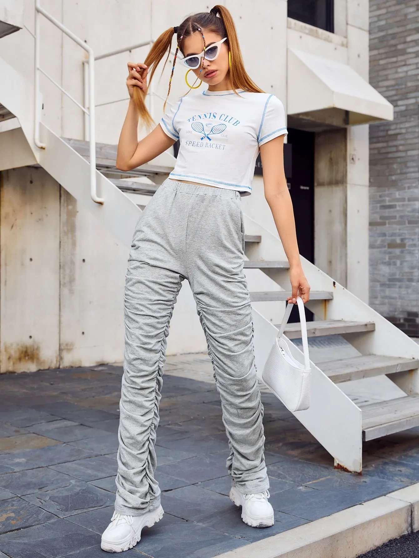 Plain Ruched High Waist Long Womens Sweatpants