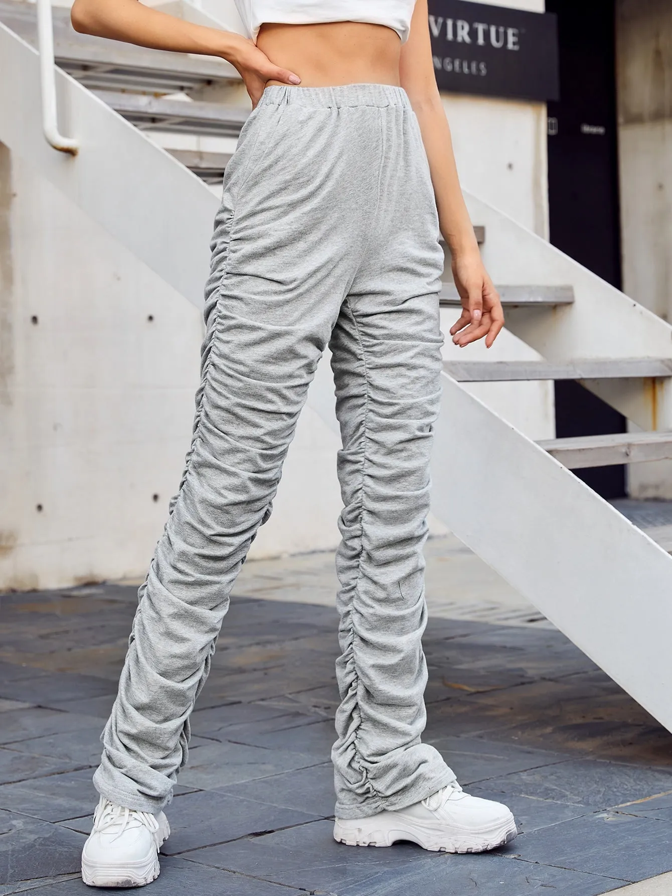 Plain Ruched High Waist Long Womens Sweatpants