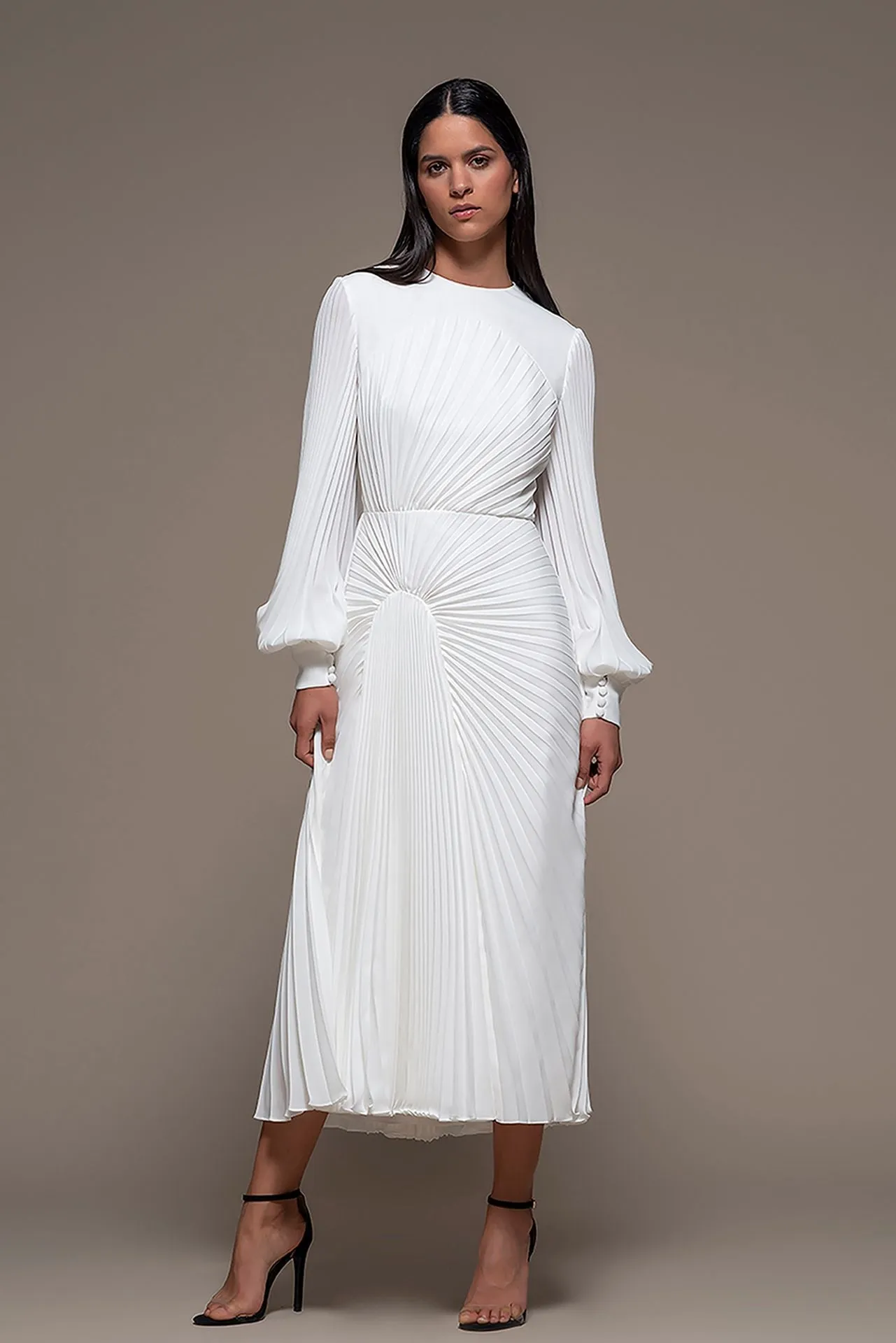 Pleated Long-Sleeved Midi Dress