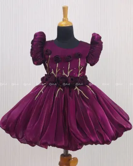 Plum Purple Balloon Gown with Handcrafted Rose Embellishment.