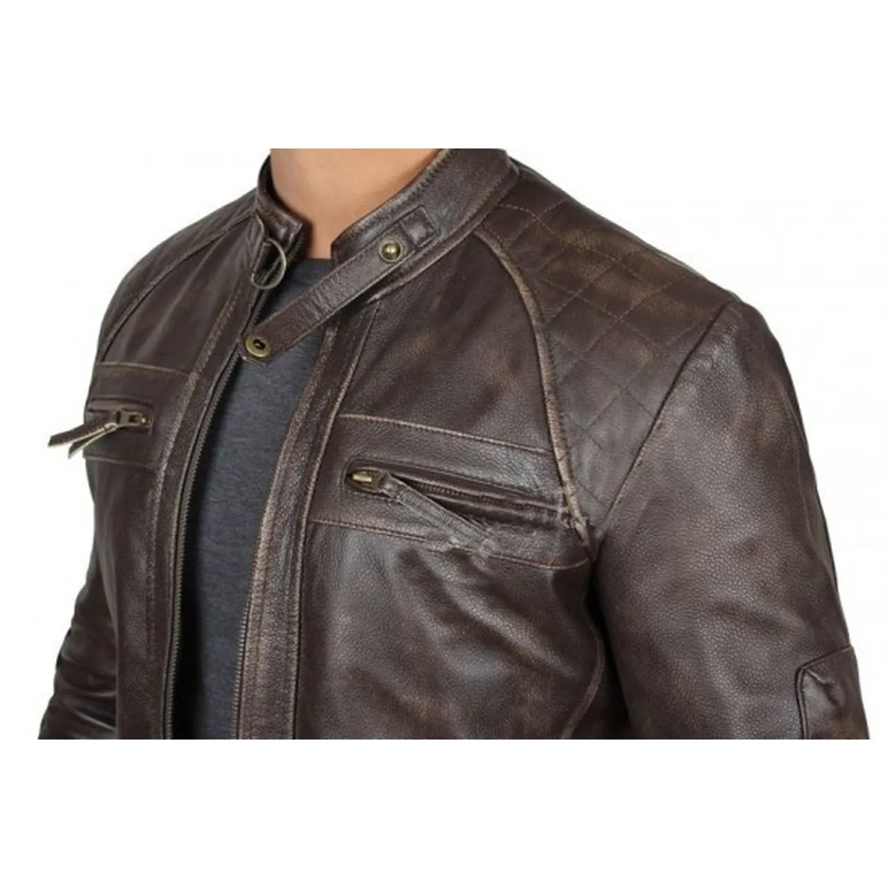 Quilted Distressed Brown Leather Jacket Men