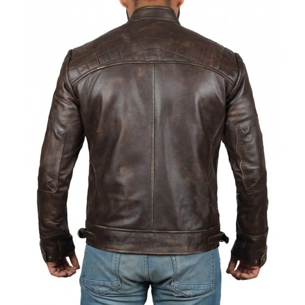 Quilted Distressed Brown Leather Jacket Men