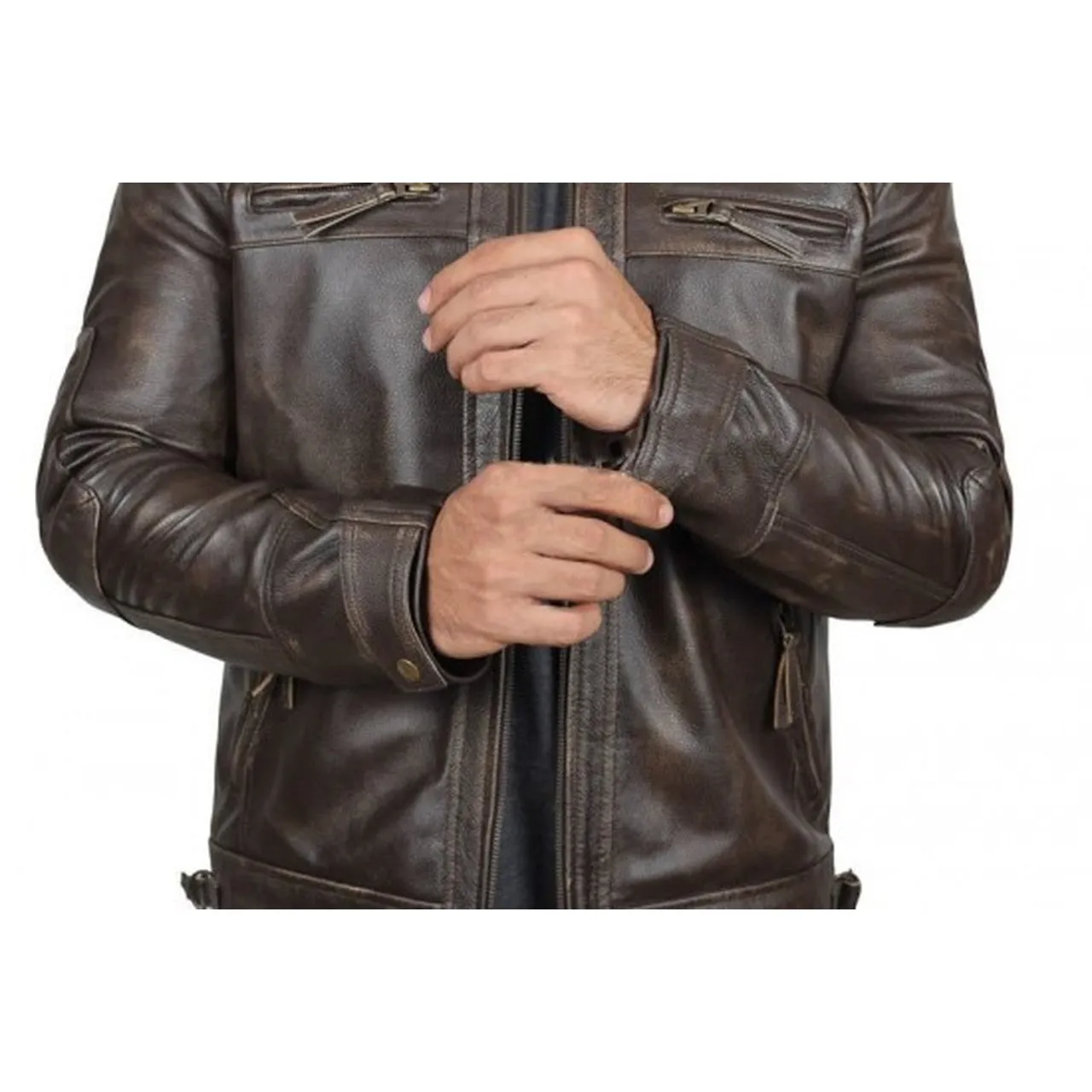 Quilted Distressed Brown Leather Jacket Men