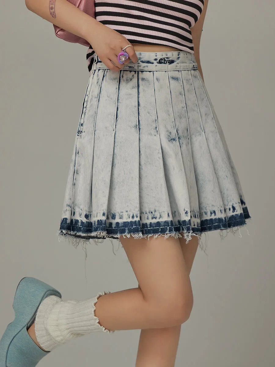 Raw Hem Denim Pleated Skirt