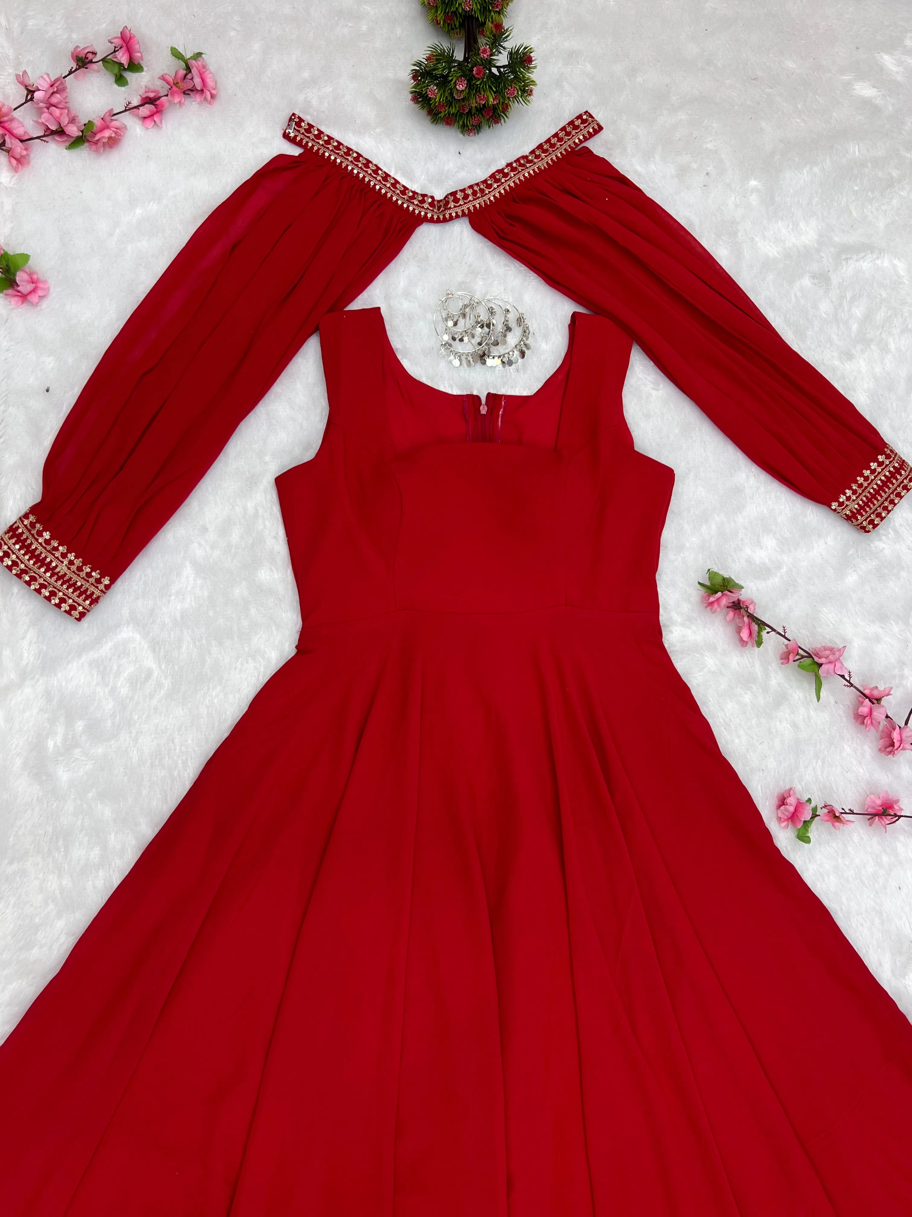 Red Faux Georgette Fancy Sleeves Gown