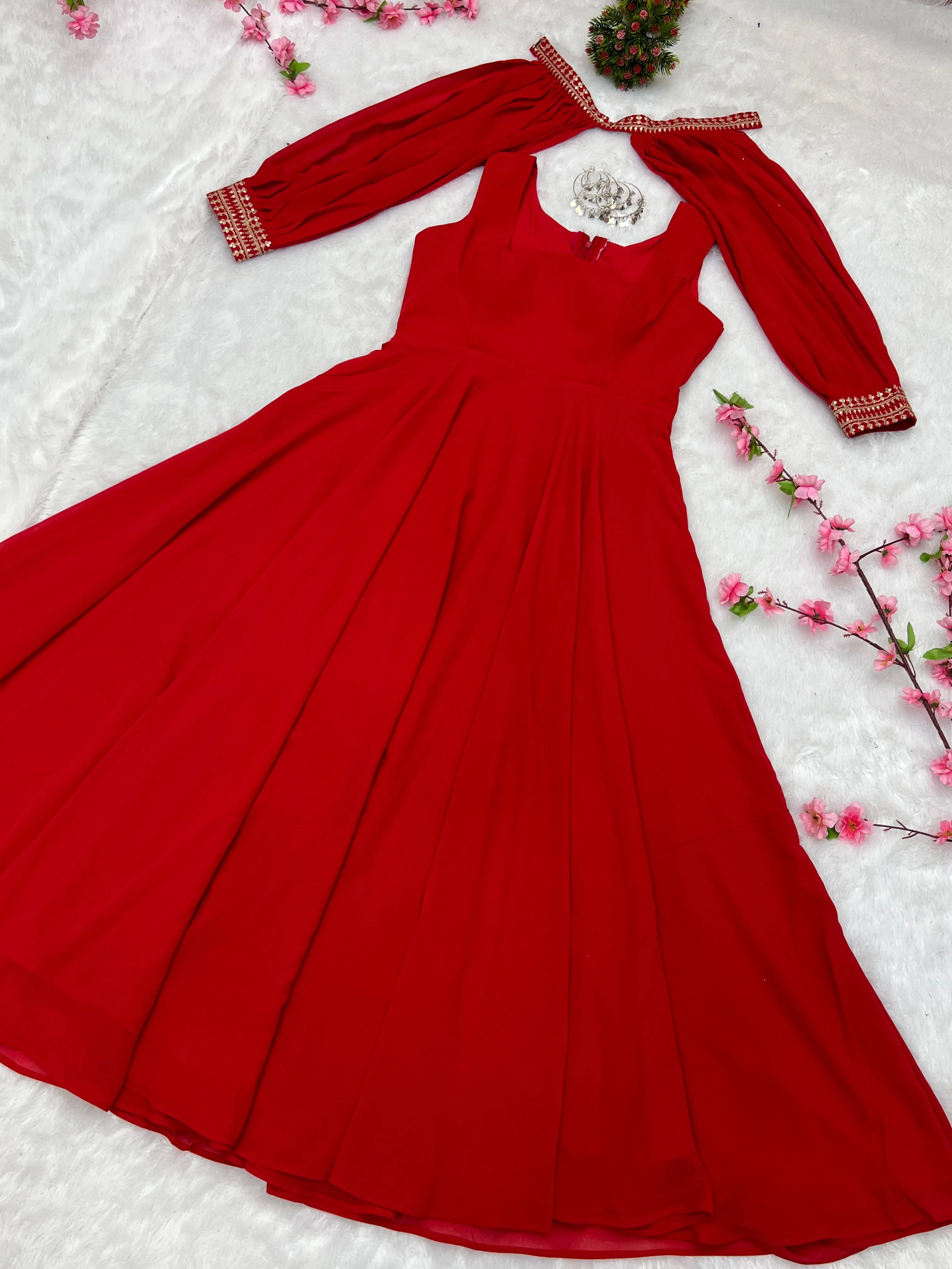 Red Faux Georgette Fancy Sleeves Gown