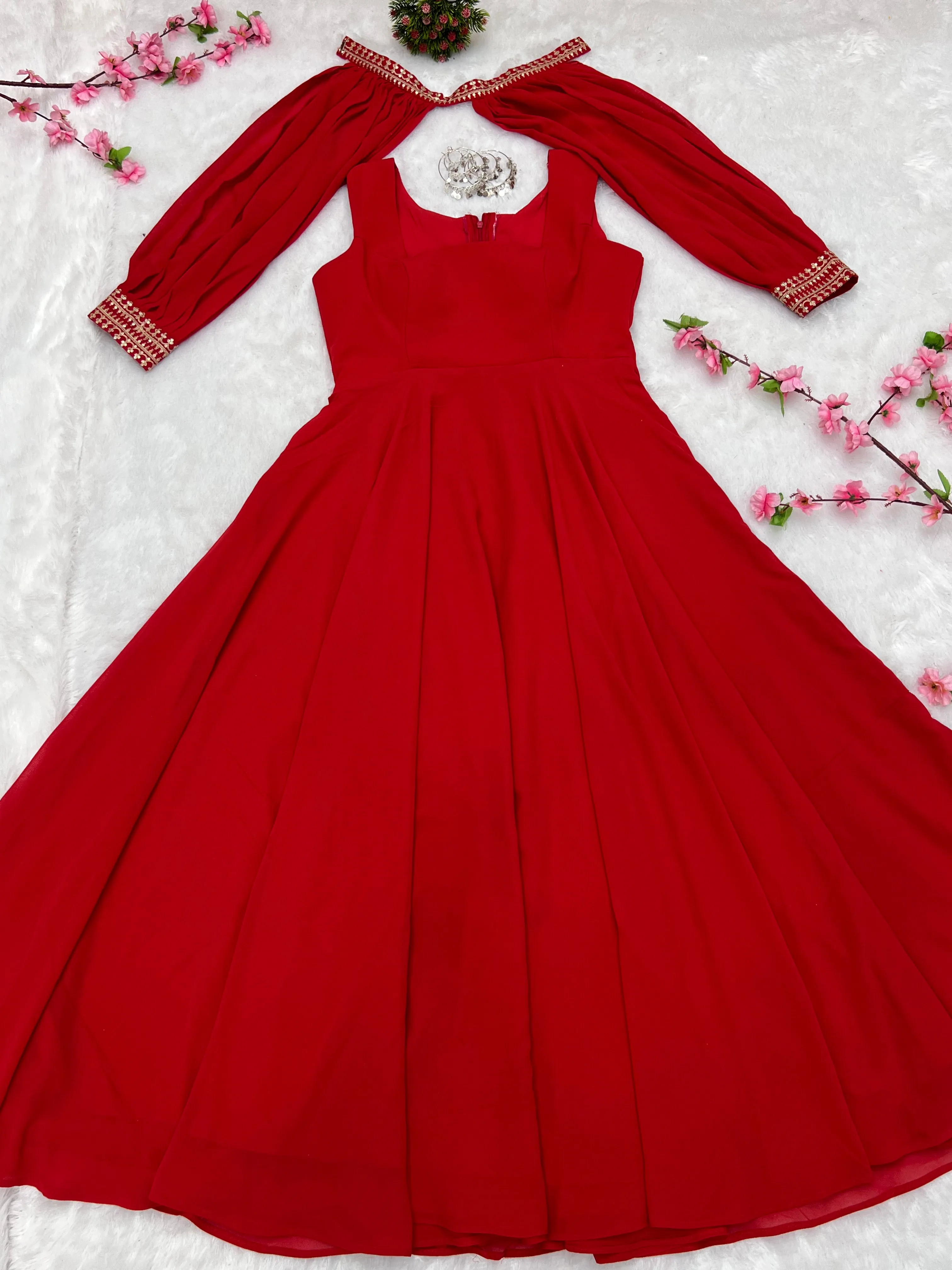 Red Faux Georgette Fancy Sleeves Gown