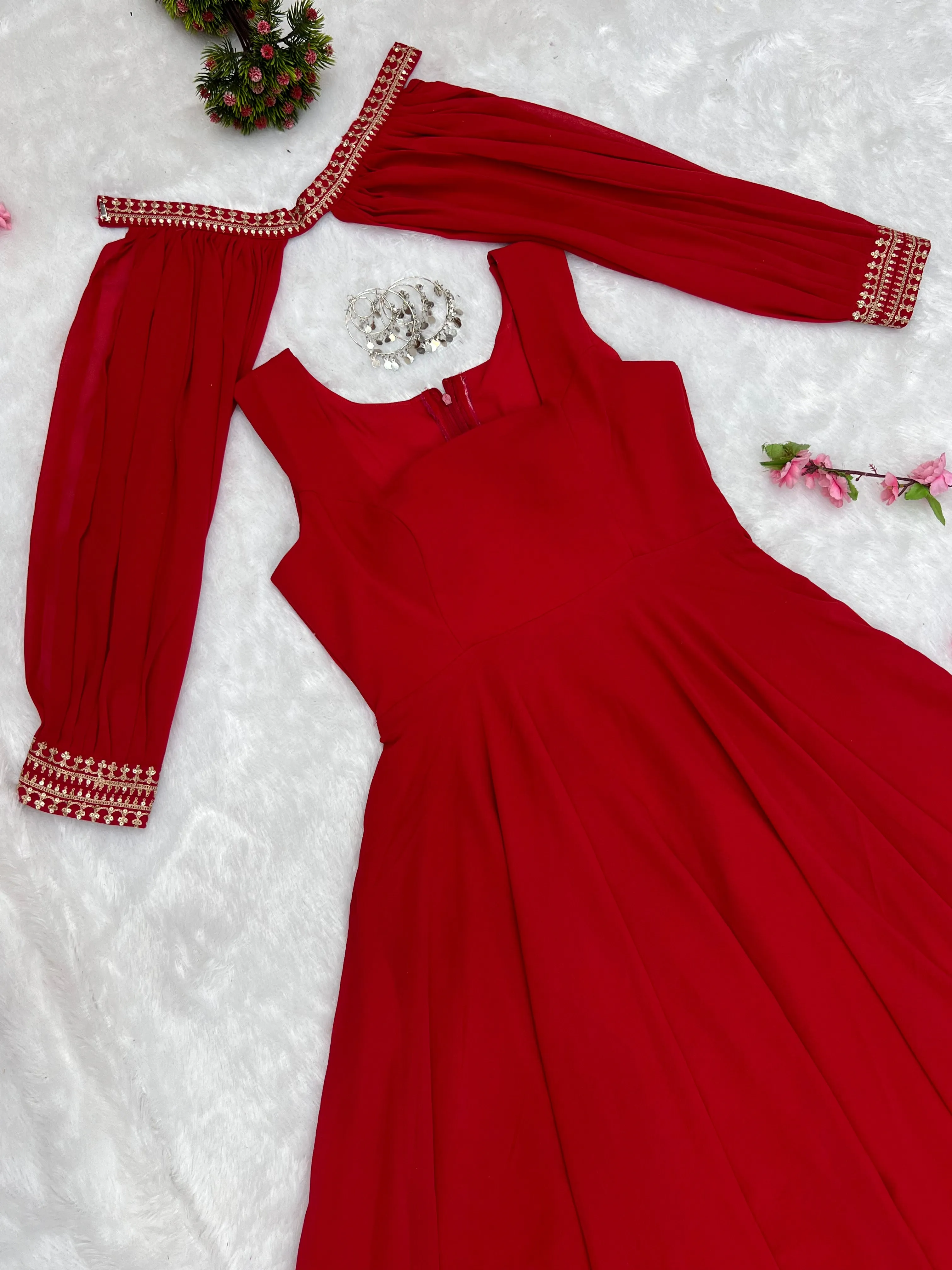 Red Faux Georgette Fancy Sleeves Gown