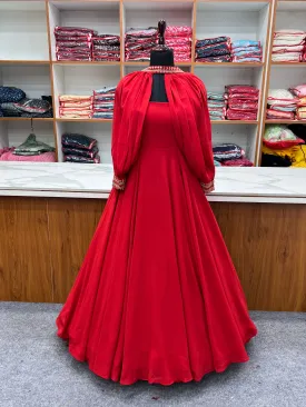 Red Faux Georgette Fancy Sleeves Gown