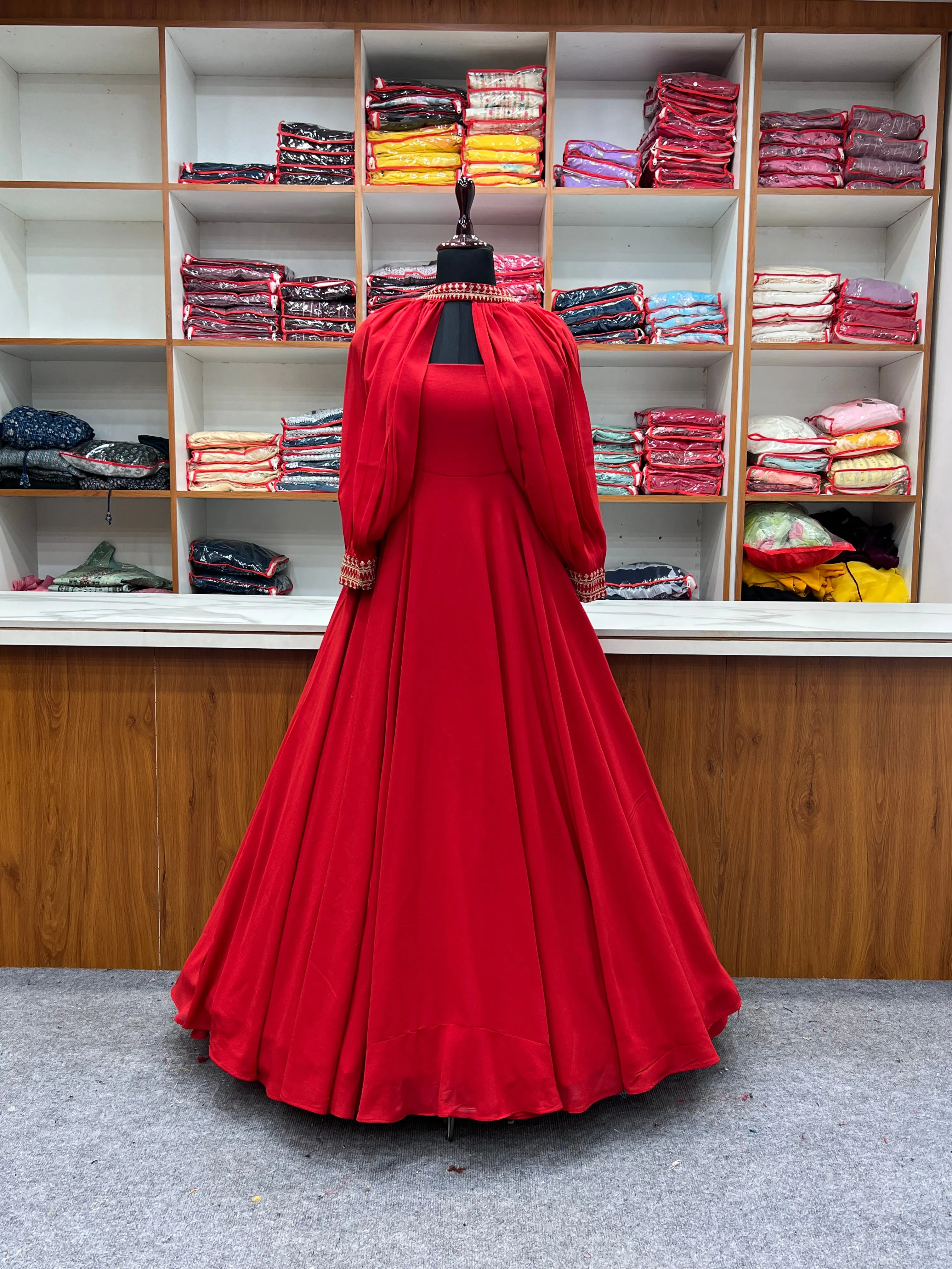 Red Faux Georgette Fancy Sleeves Gown