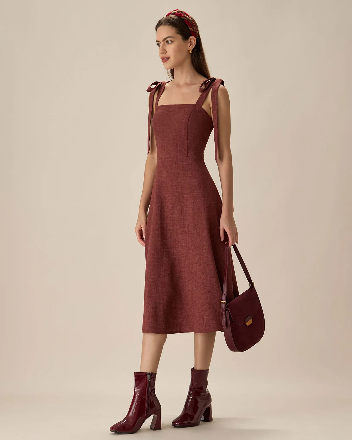 Red Tie Strap Midi Dress